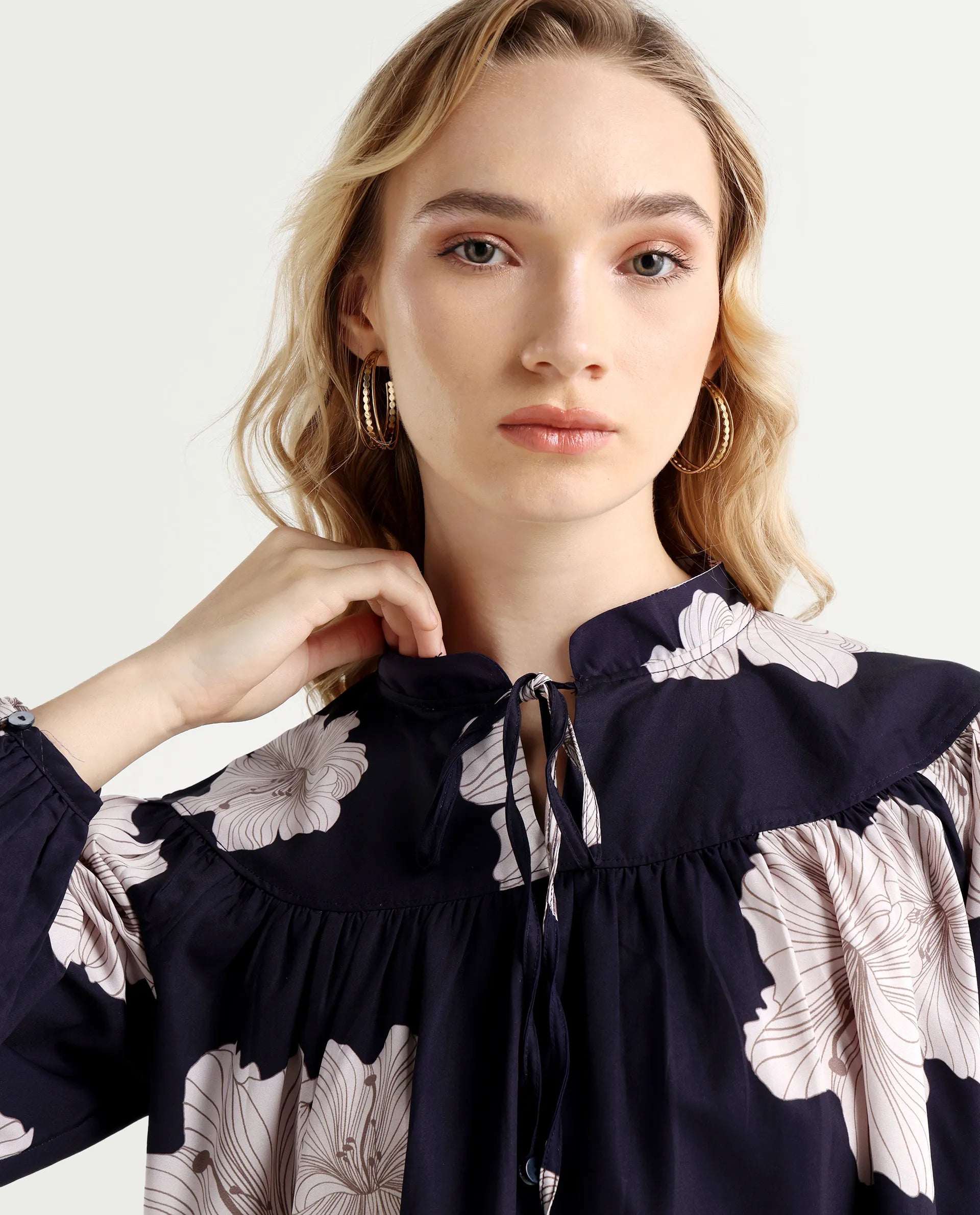 Rareism Women's Azure Dark Navy Polyester High Neck Floral Print Bishop Sleeve Relaxed Fit Top