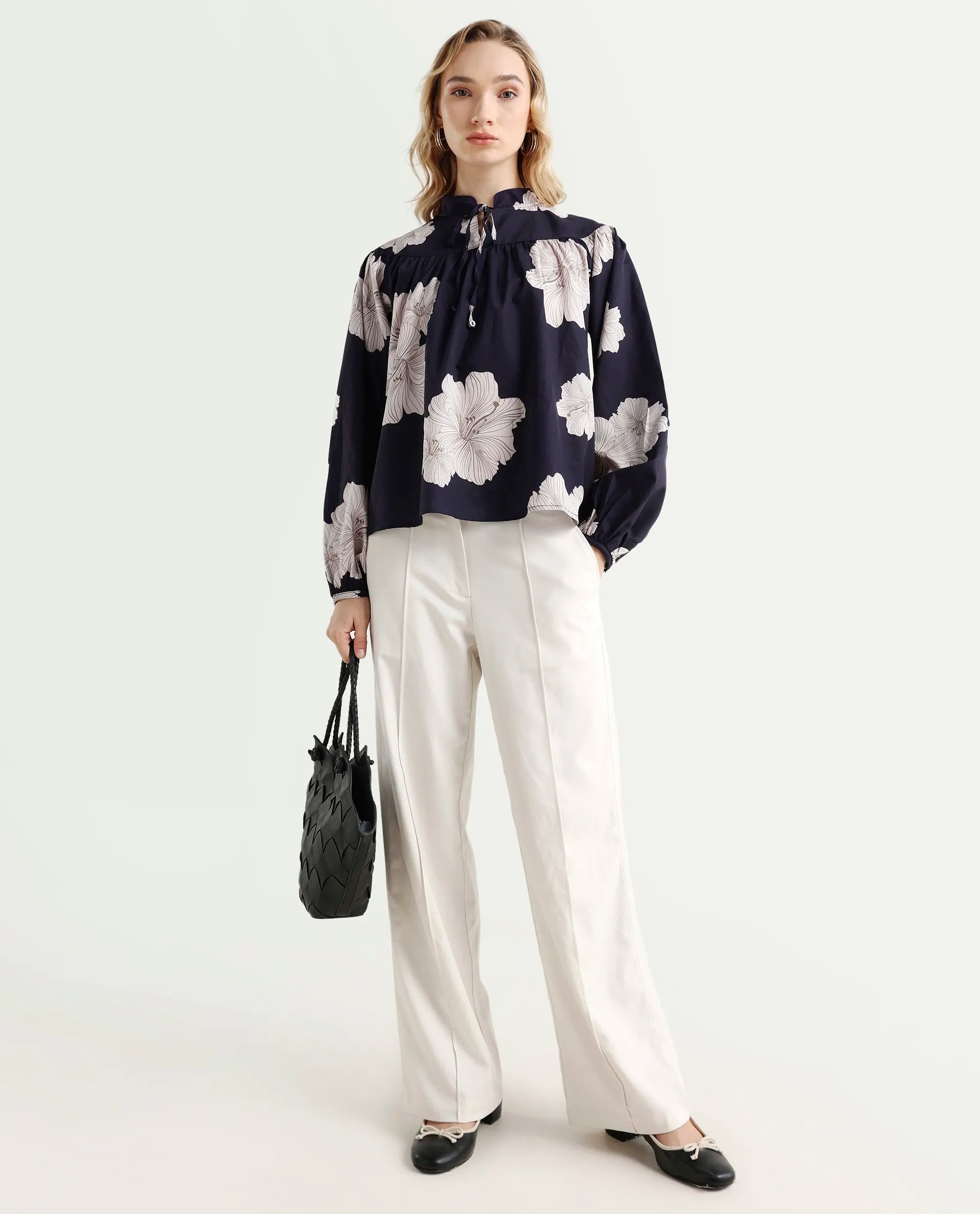 Rareism Women's Azure Dark Navy Polyester High Neck Floral Print Bishop Sleeve Relaxed Fit Top