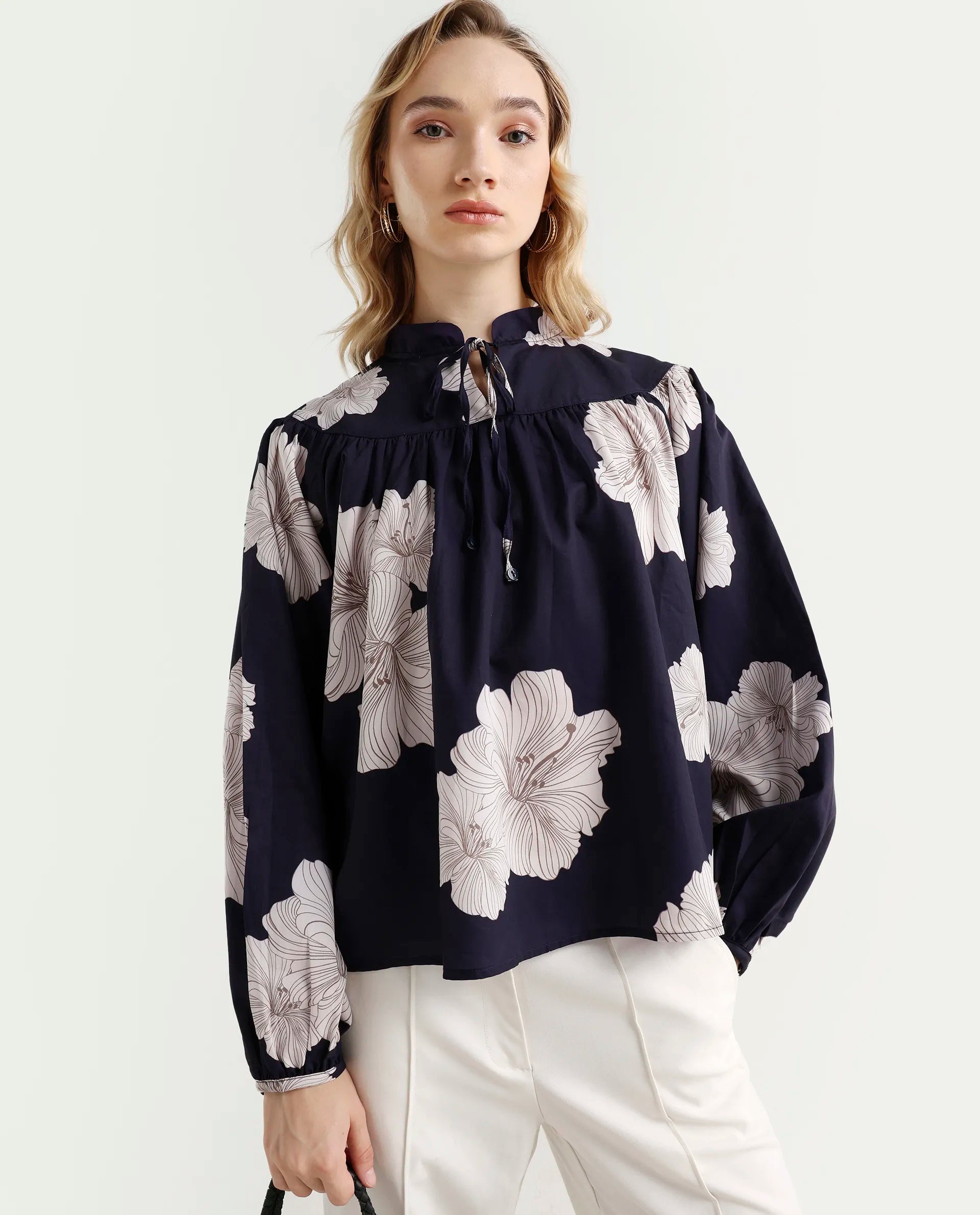 Rareism Women's Azure Dark Navy Polyester High Neck Floral Print Bishop Sleeve Relaxed Fit Top