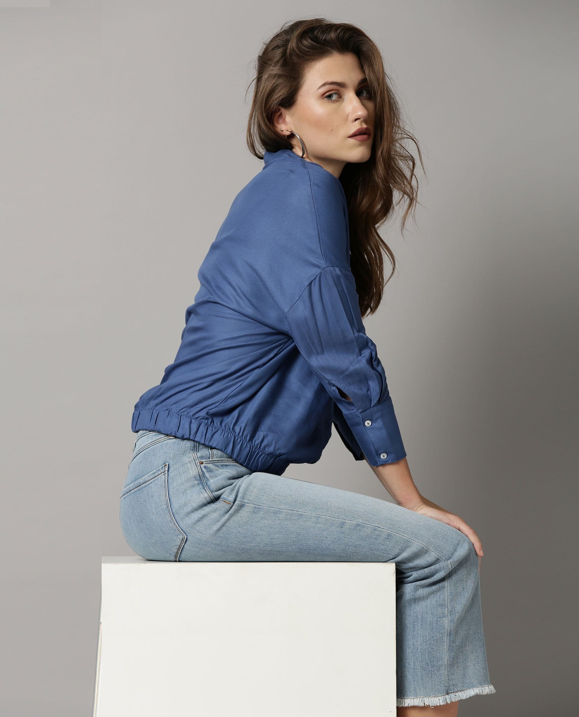 Rareism Women Dupe Blue Top Short Sleeves Solid