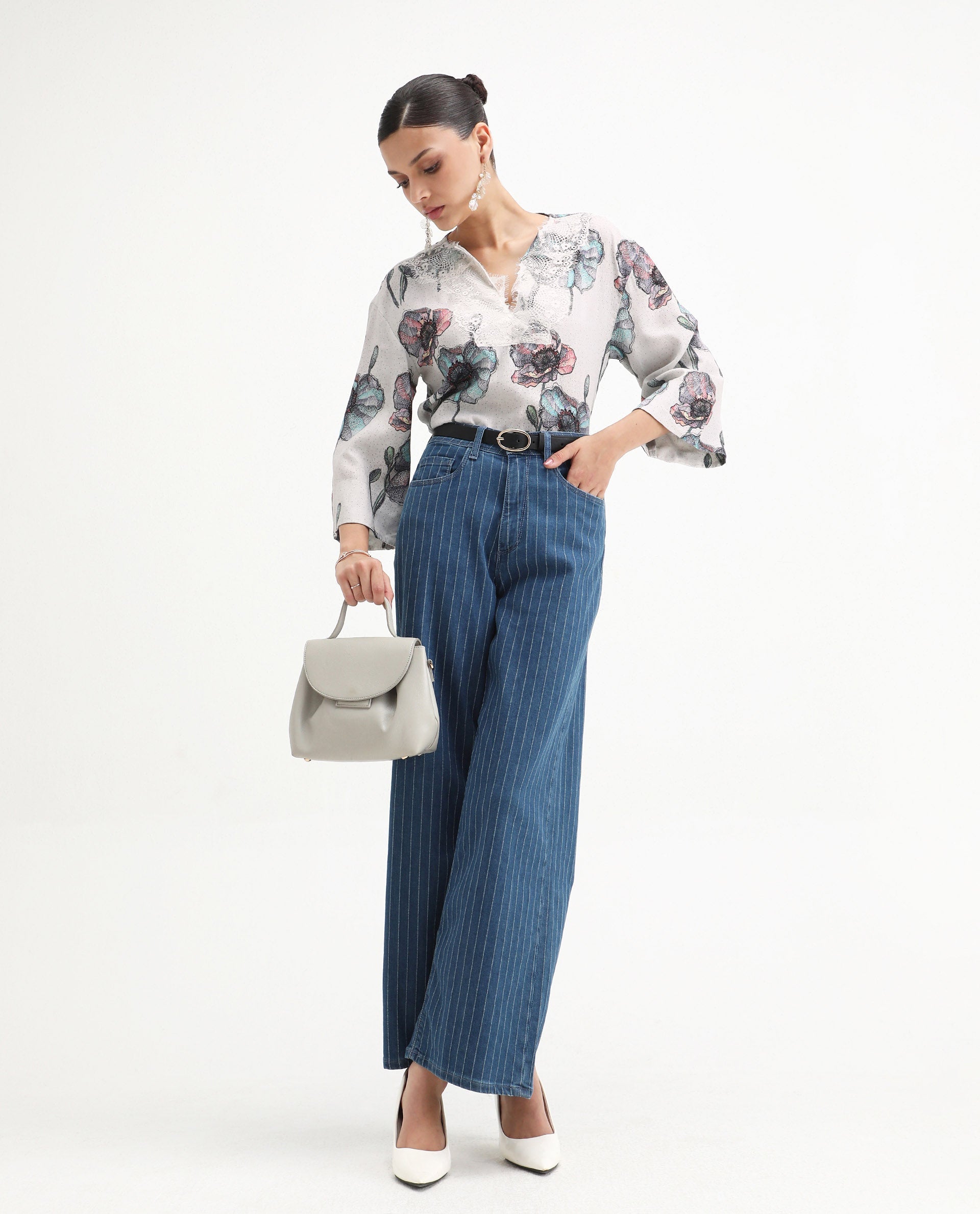 Rareism Women's Baizen Multi Cotton Linen Tie-Up Neck Floral Print Bell Sleeve Regular Fit Top