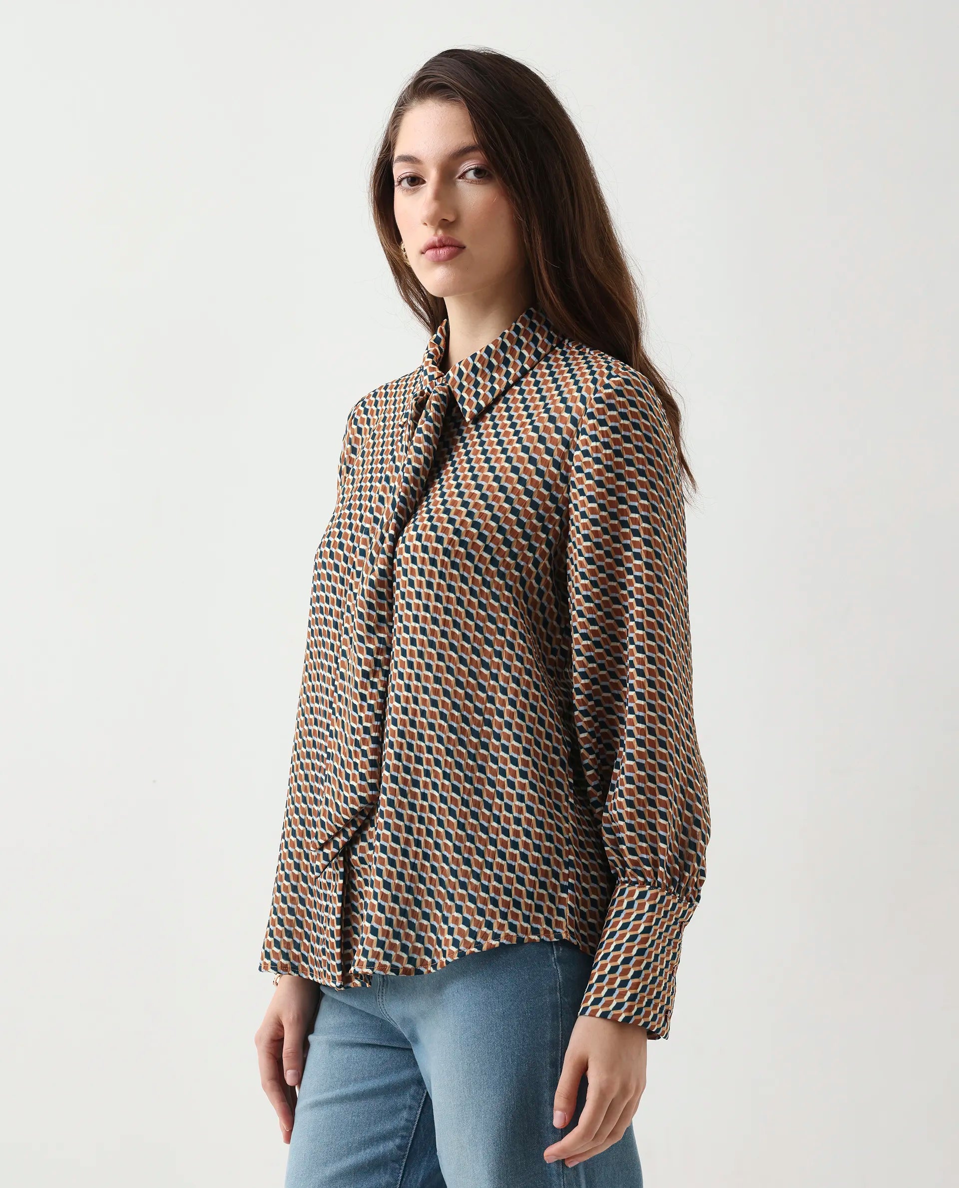 Rareism Women's Bajor Multi Polyester Cuffed Sleeve Collared Neck Regular Fit Shirt