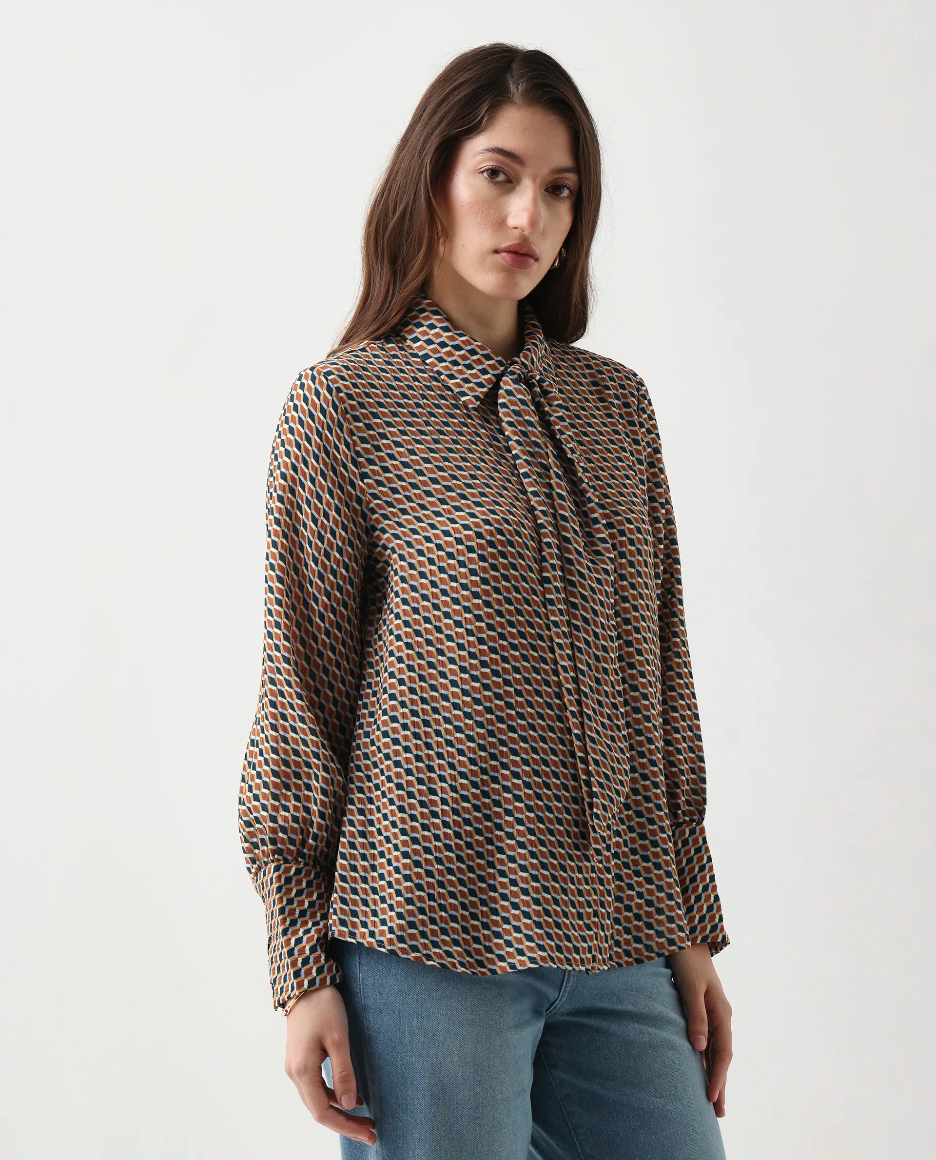 Rareism Women's Bajor Multi Polyester Cuffed Sleeve Collared Neck Regular Fit Shirt