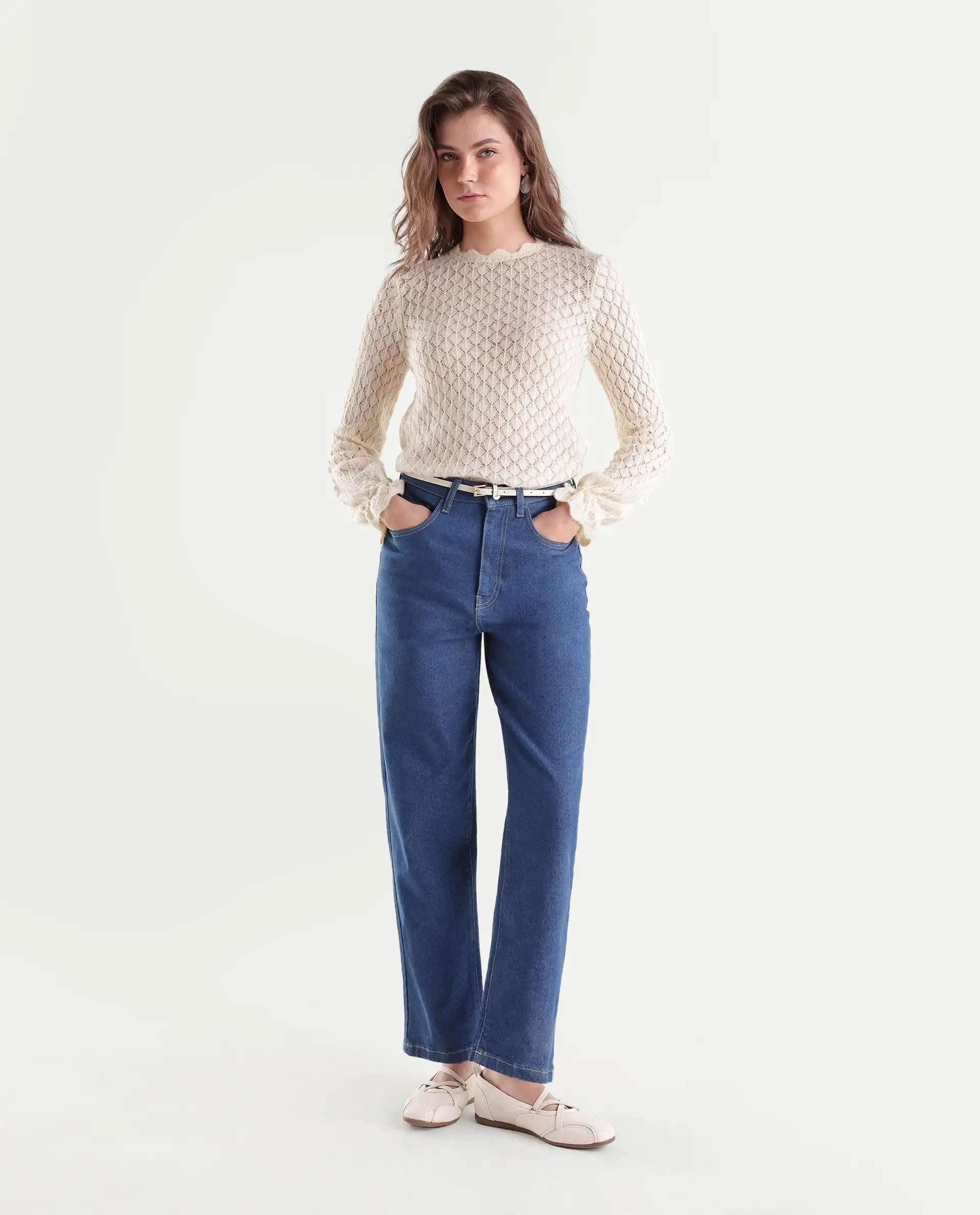 Rareism Women's Barol-2 Blue Cotton Blend Shank And Zipper Ankle Barrel Plain Jeans