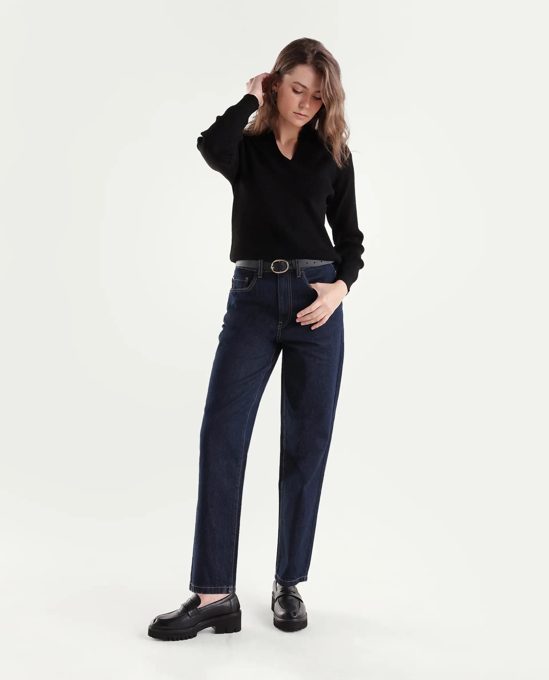 Rareism Women's Barol-3 Dark Navy Cotton Shank And Zipper Ankle Barrel Plain Jeans