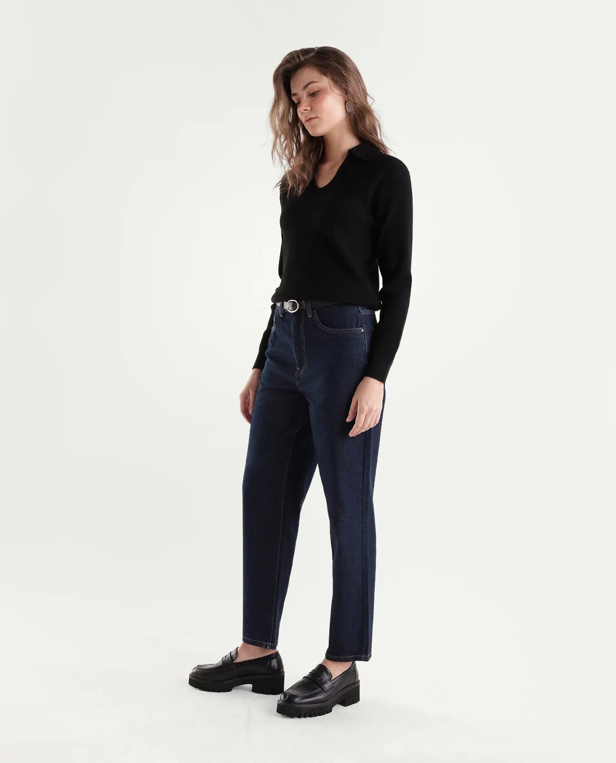 Rareism Women's Barol-3 Dark Navy Cotton Shank And Zipper Ankle Barrel Plain Jeans