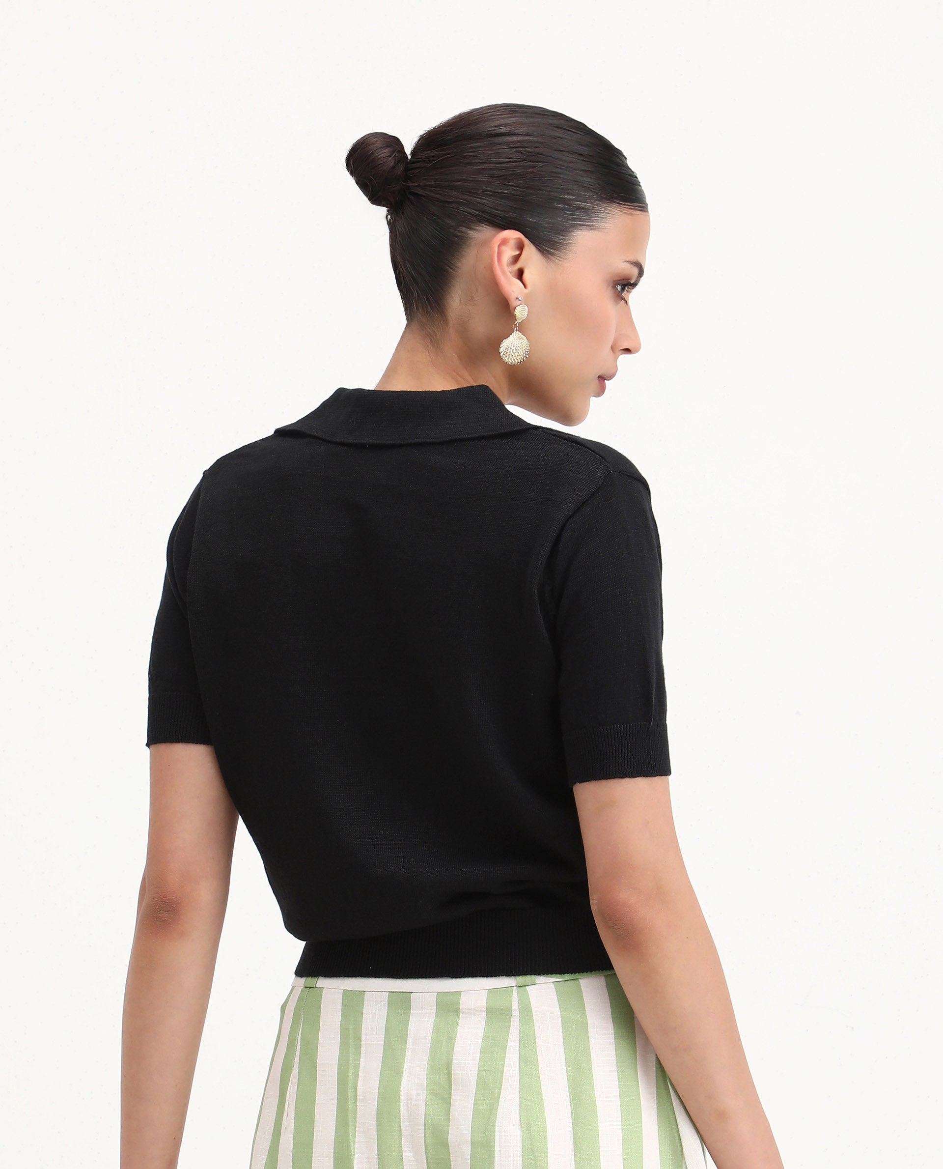 Rareism Women's Basel Black Cotton Linen Polo Neck Plain Regular Fit Polo