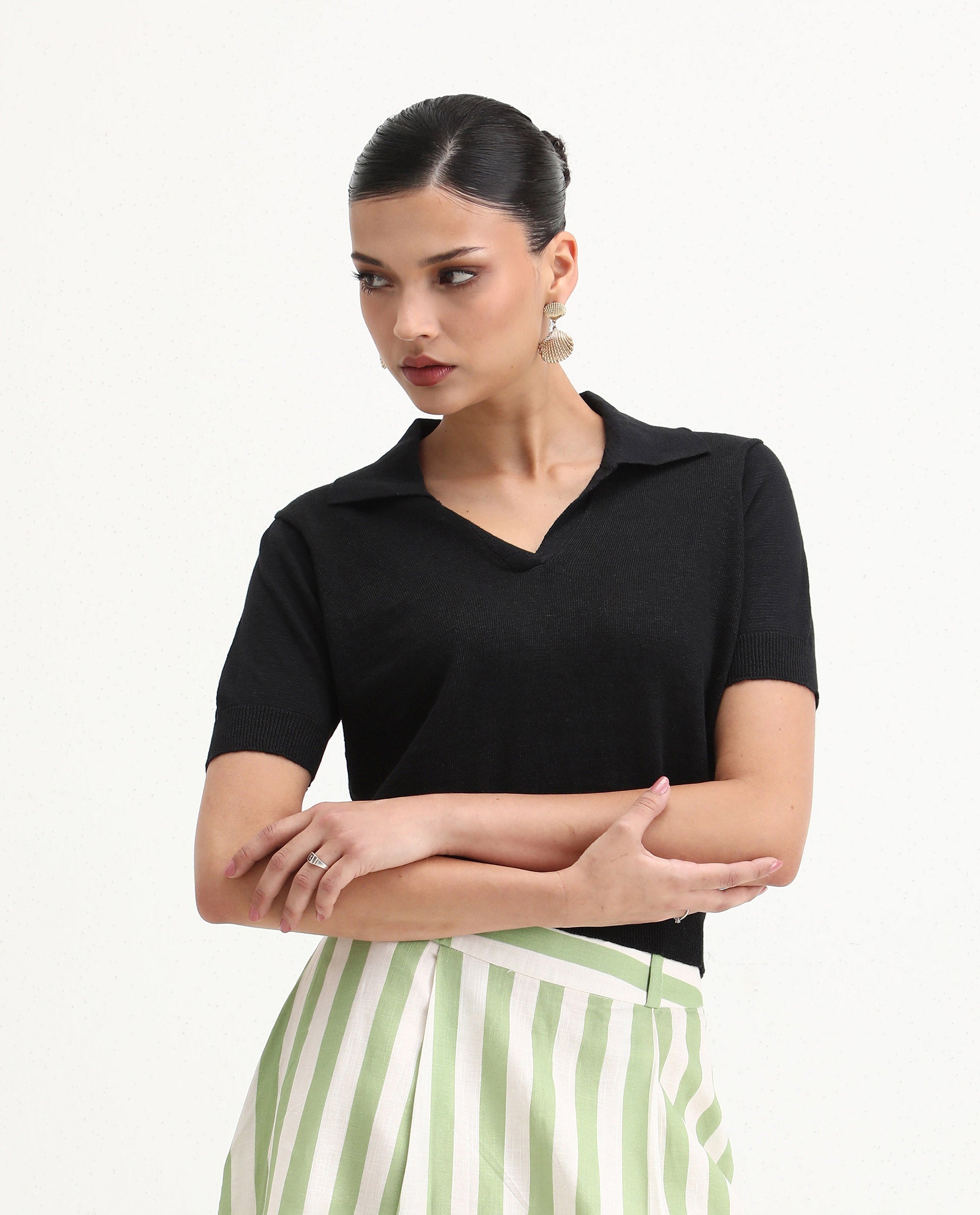 Rareism Women's Basel Black Cotton Linen Polo Neck Plain Regular Fit Polo