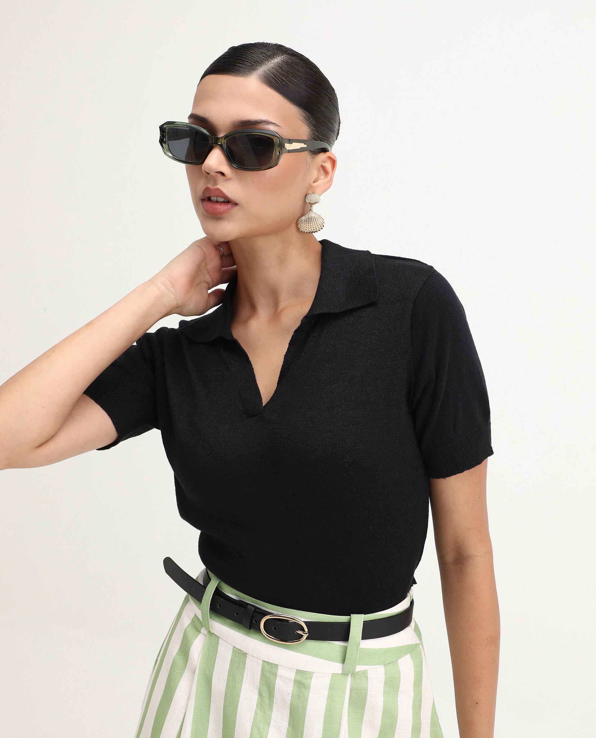 Rareism Women's Basel Black Cotton Linen Polo Neck Plain Regular Fit Polo