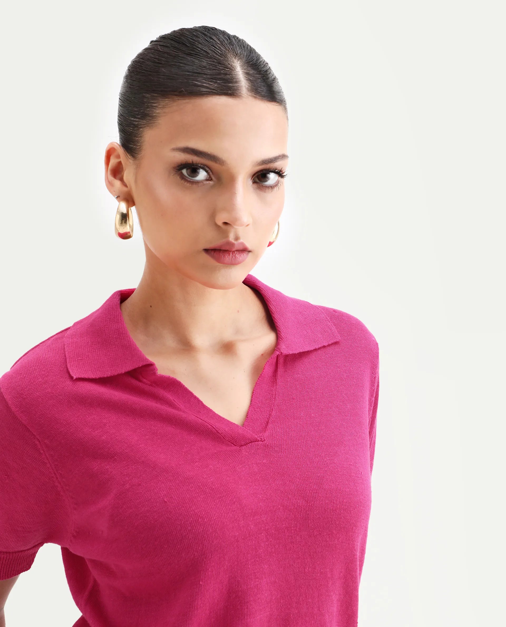 Rareism Women's Basel Flouroscent Pink Cotton Blend Polo Neck Plain Regular Fit Polo
