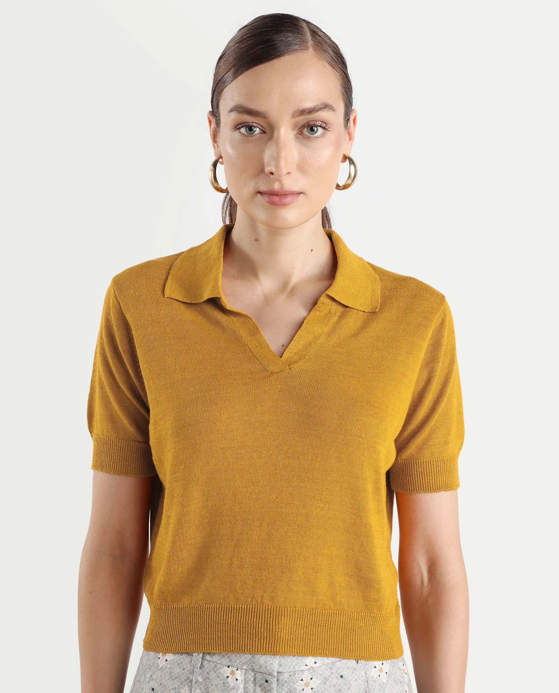 Rareism Women's Basel Yellow Cotton Linen Polo Neck Plain Regular Fit Polo