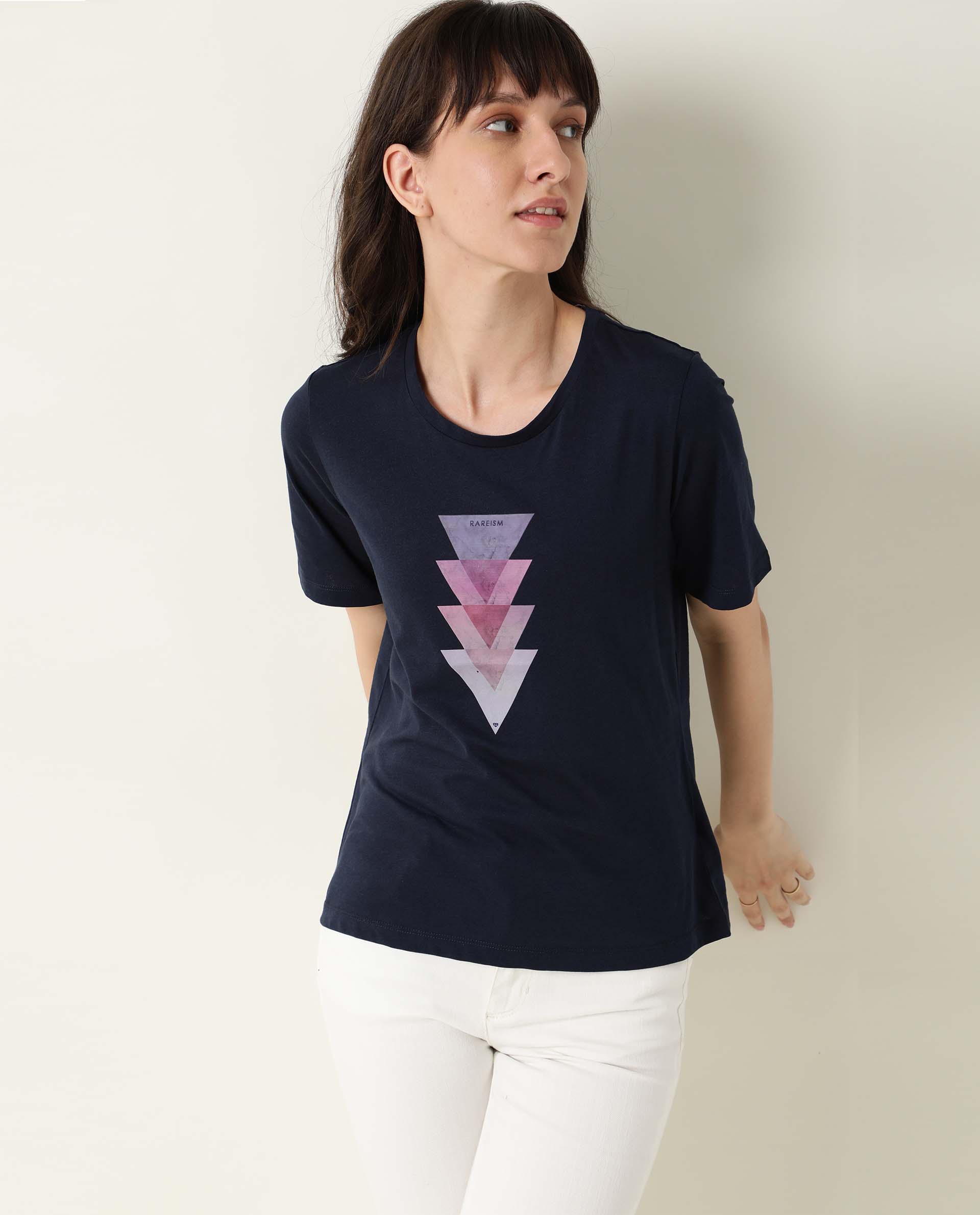 Rareism Womens Basic Tee 3 Navy T-Shirt Cotton Fabric Fitted Fit Short Sleeve Round Neck