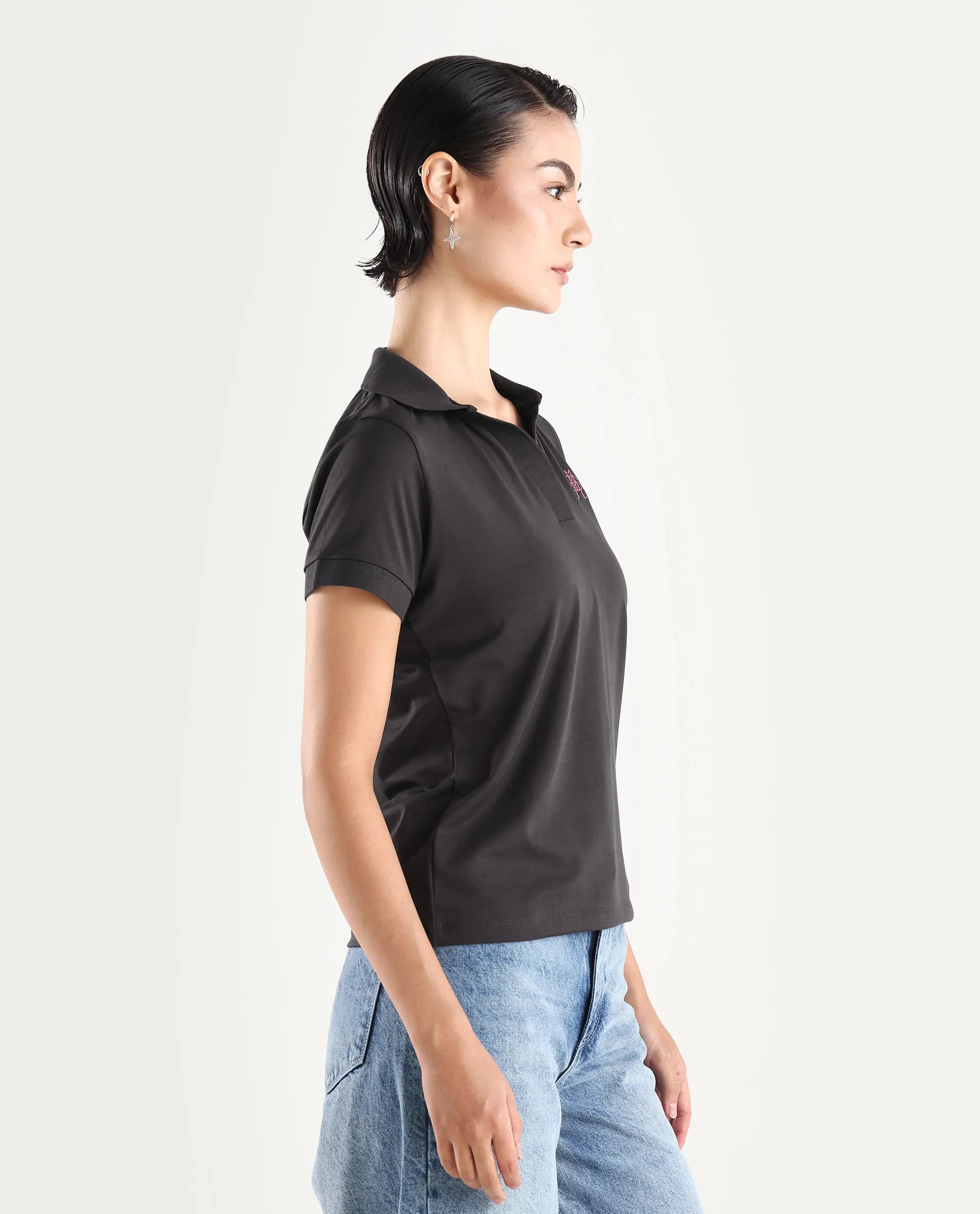 Rareism Women's Bern Dark Grey Cotton Blend Polo Neck Plain Regular Fit Polo