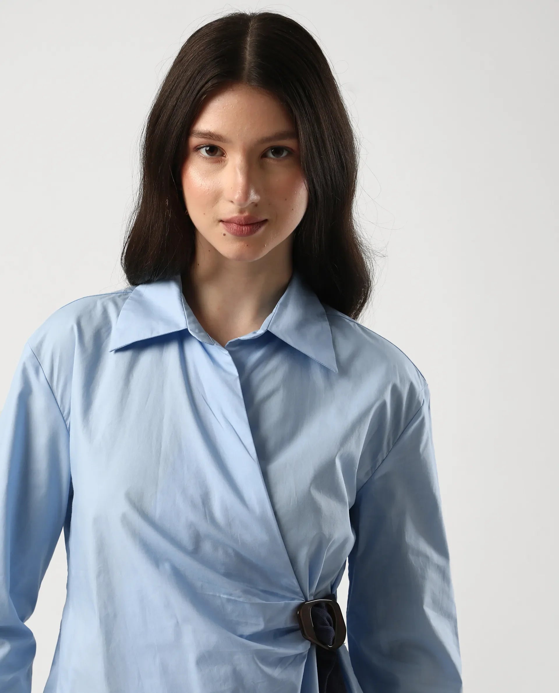 Rareism Women's Bhanella T Blue Cotton Spread Collar Plain Cuffed Sleeve Relaxed Fit Shirt