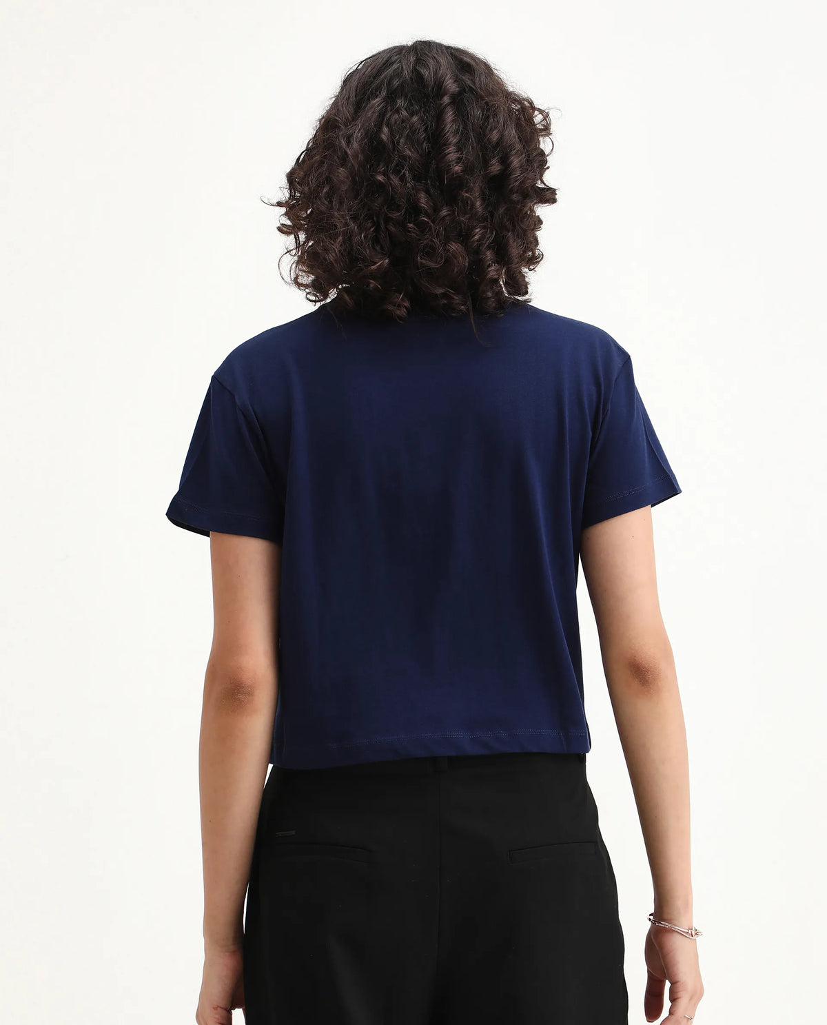 Rareism Women's Bhaze Navy Cotton Crew Neck Typography Print Crop Regular Fit T-Shirt