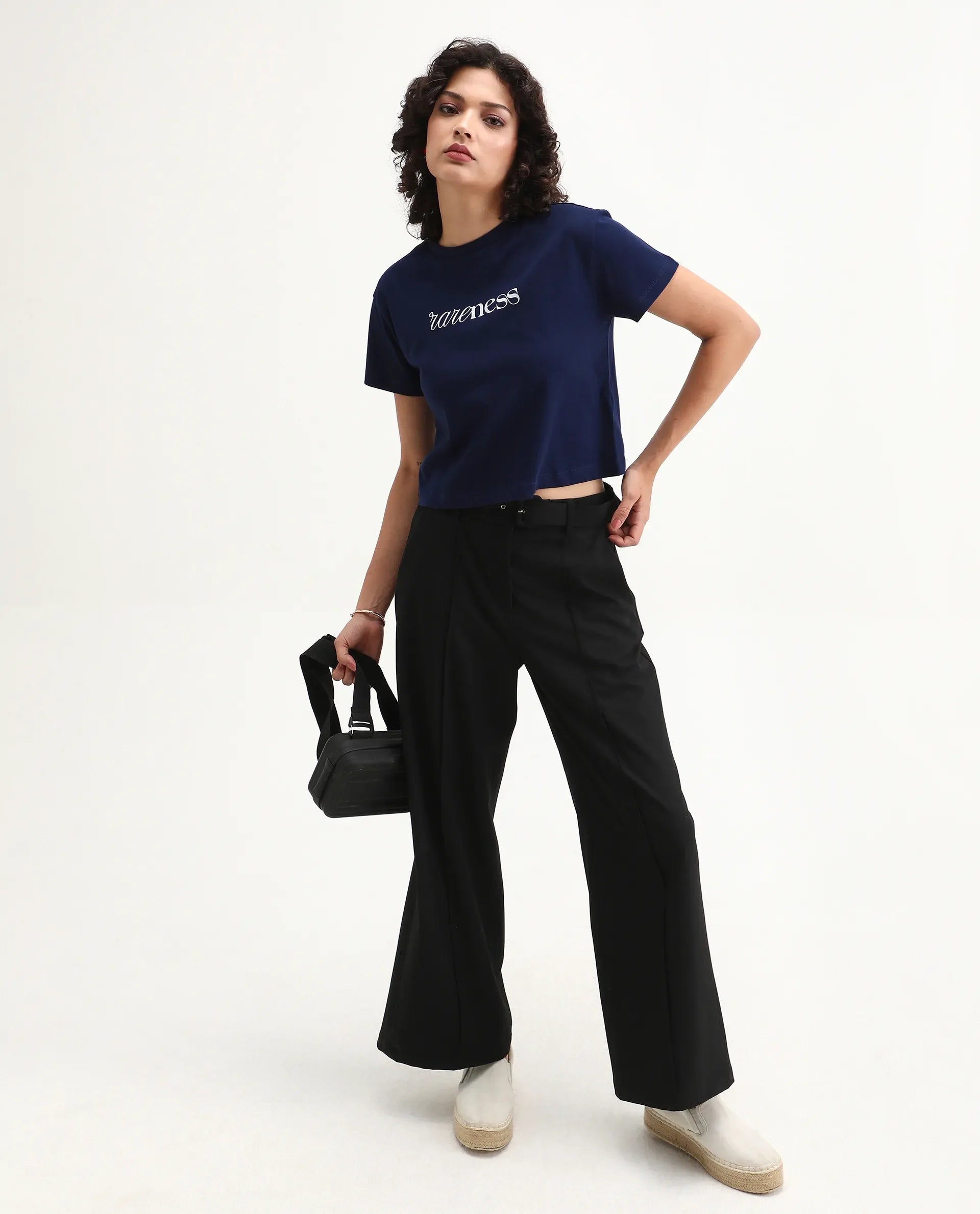 Rareism Women's Bhaze Navy Cotton Crew Neck Typography Print Crop Regular Fit T-Shirt
