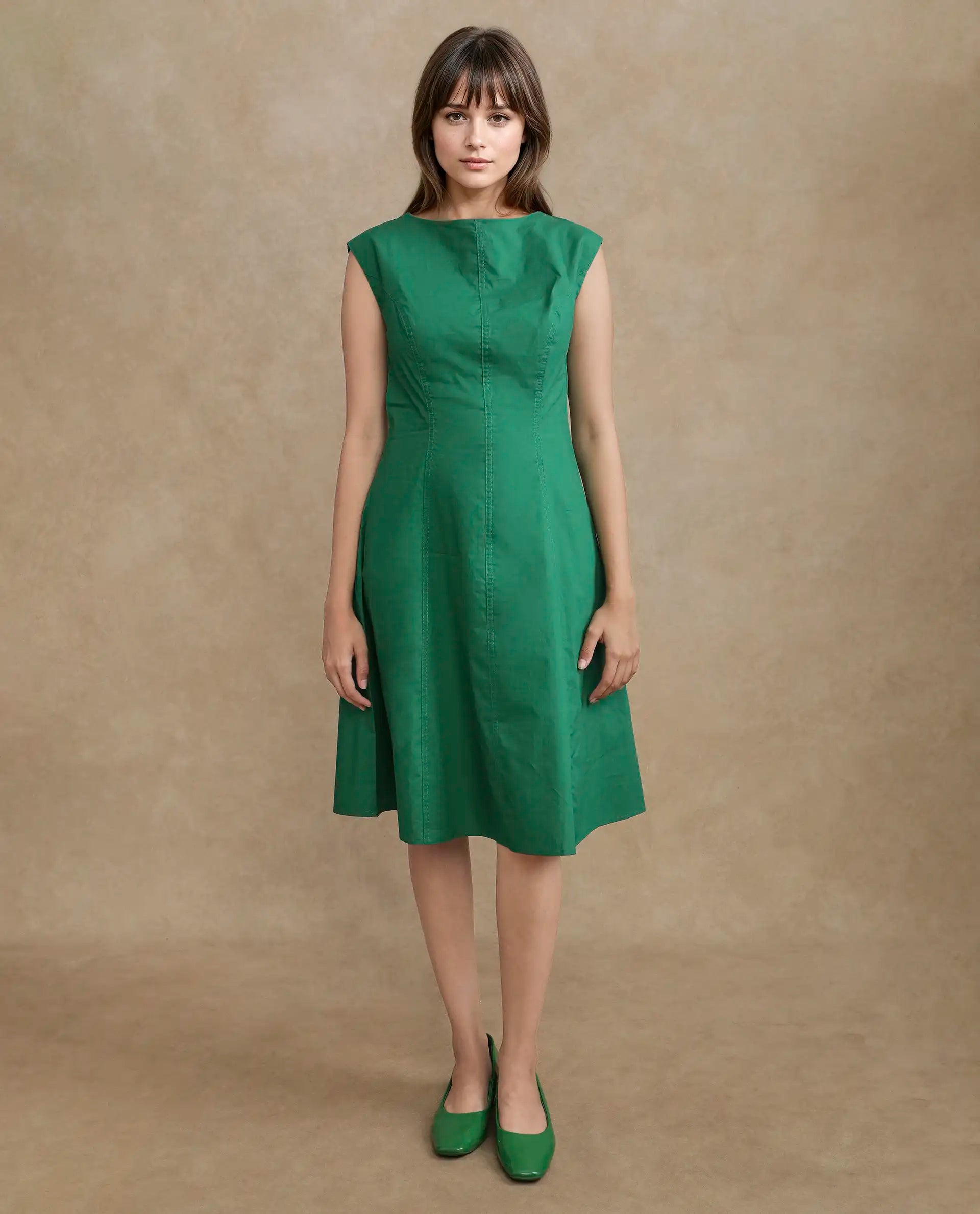 Rareism Women's Bhlaski Green Cotton Round Neck Plain Sleeveless Knee Length Straight Fit Dress