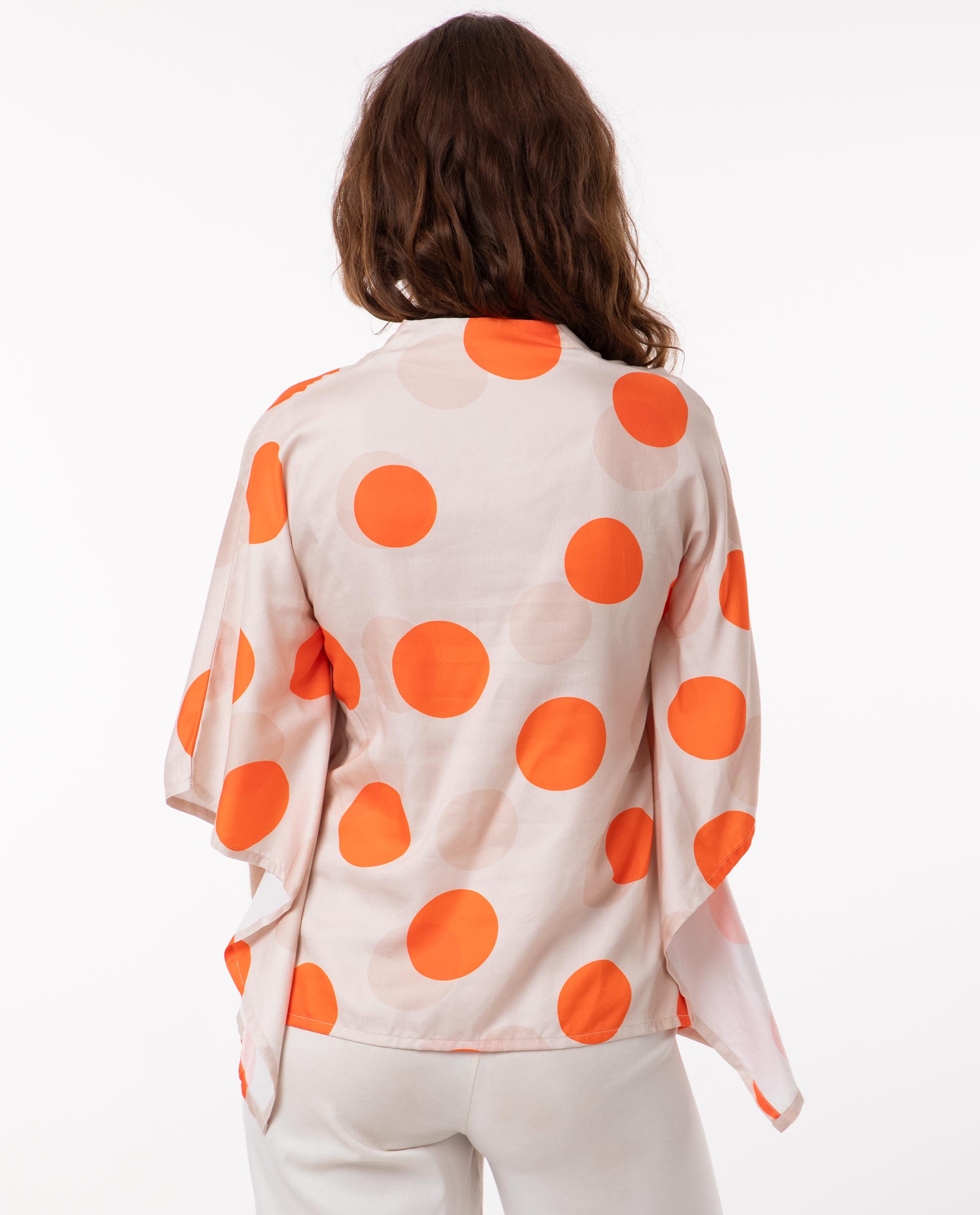 Rareism Women's Binko Light Beige Cotton V-Neck Polka Print Kimono Sleeve Relaxed Fit Top