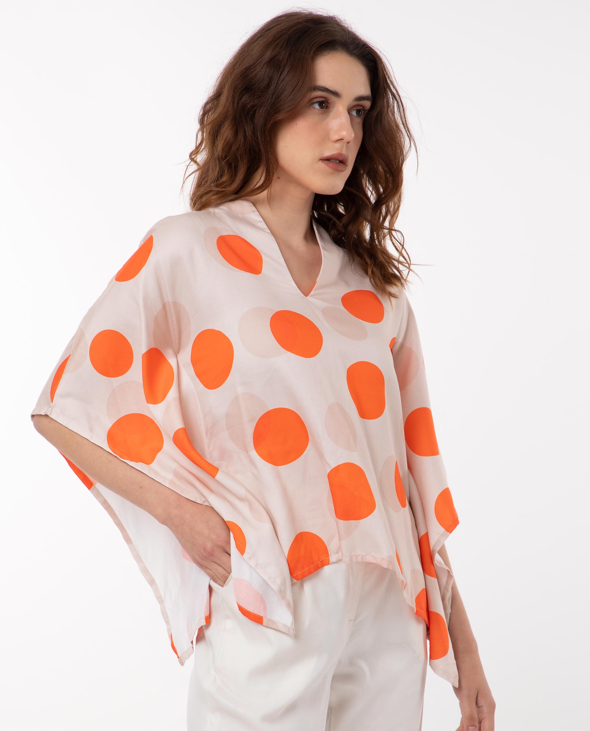 Rareism Women's Binko Light Beige Cotton V-Neck Polka Print Kimono Sleeve Relaxed Fit Top