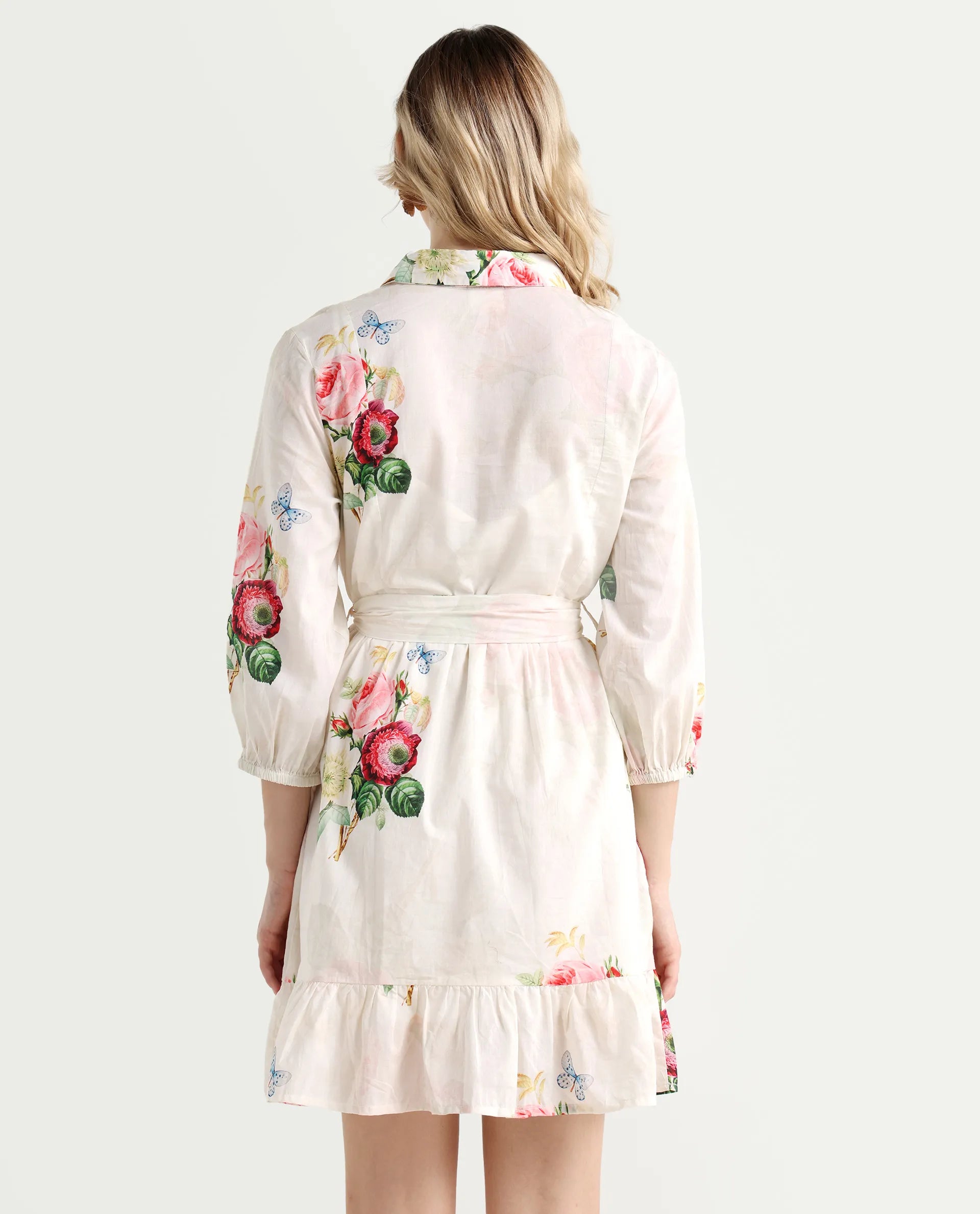 Rareism Women's Blecki Off White Cotton Drop Collar Floral Print Cuffed Sleeve Mini Fit And Flare Dress