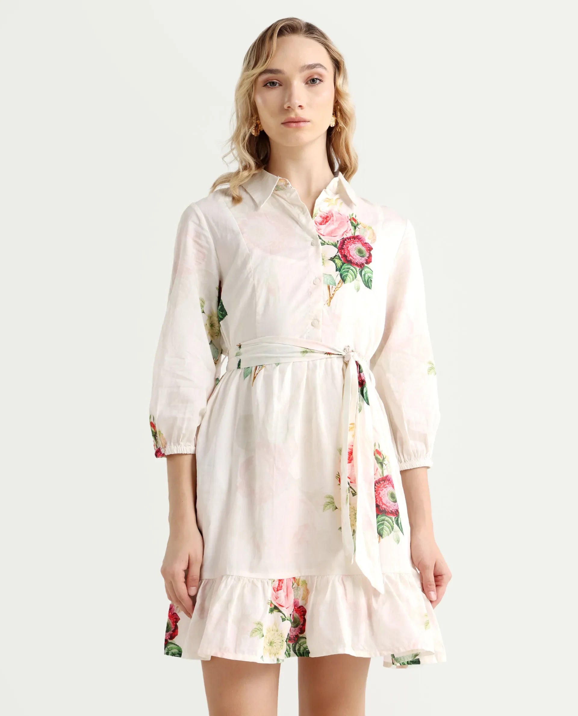 Rareism Women's Blecki Off White Cotton Drop Collar Floral Print Cuffed Sleeve Mini Fit And Flare Dress