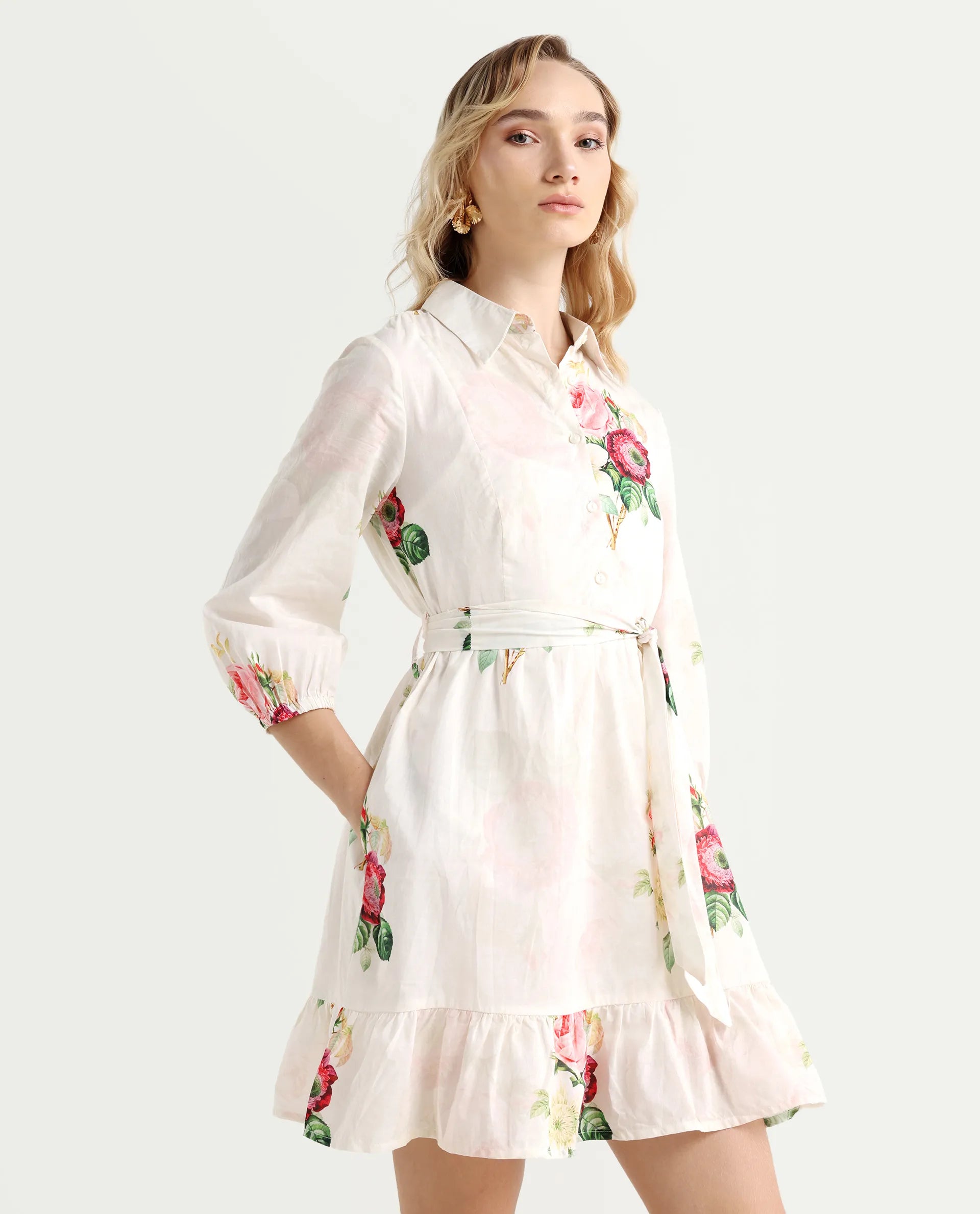 Rareism Women's Blecki Off White Cotton Drop Collar Floral Print Cuffed Sleeve Mini Fit And Flare Dress