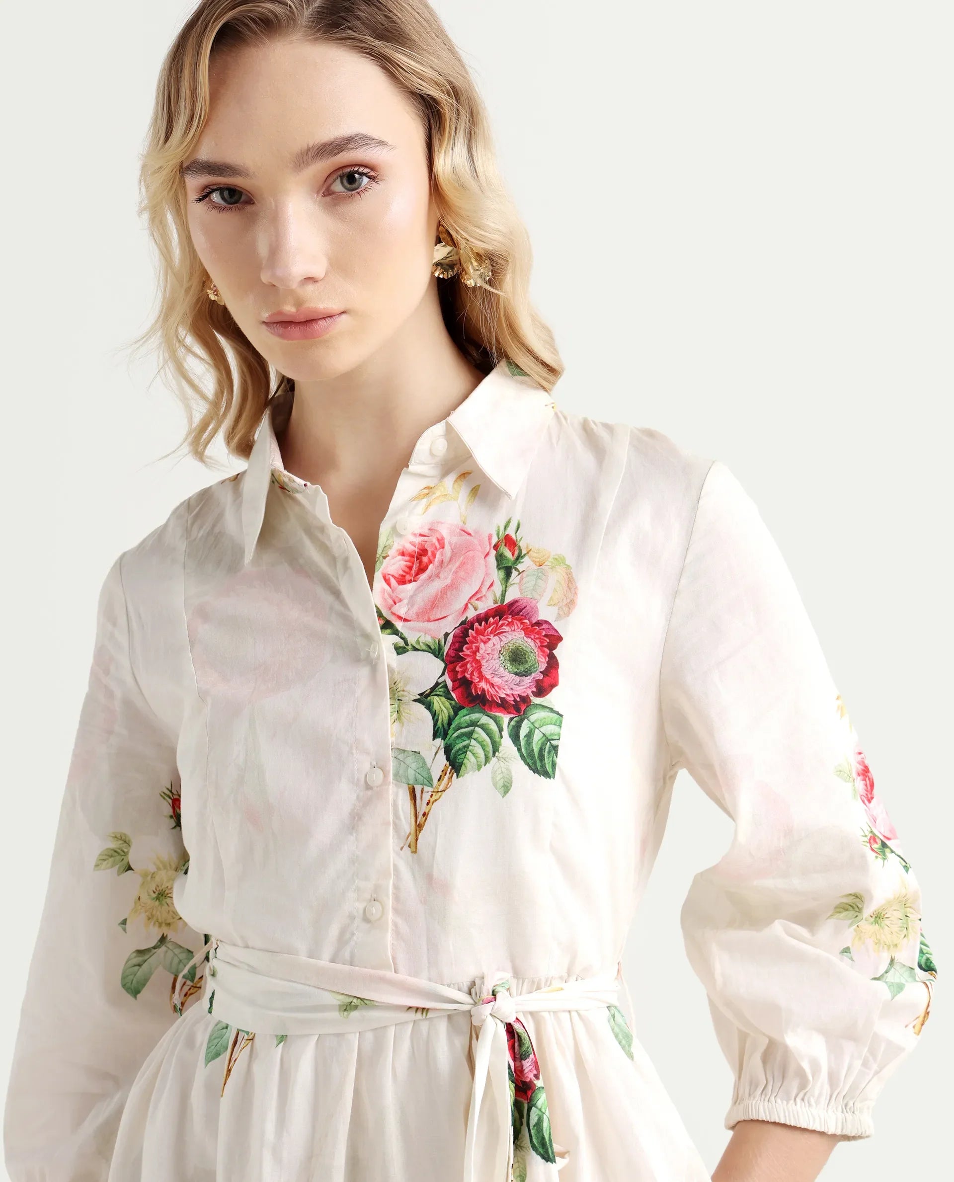 Rareism Women's Blecki Off White Cotton Drop Collar Floral Print Cuffed Sleeve Mini Fit And Flare Dress