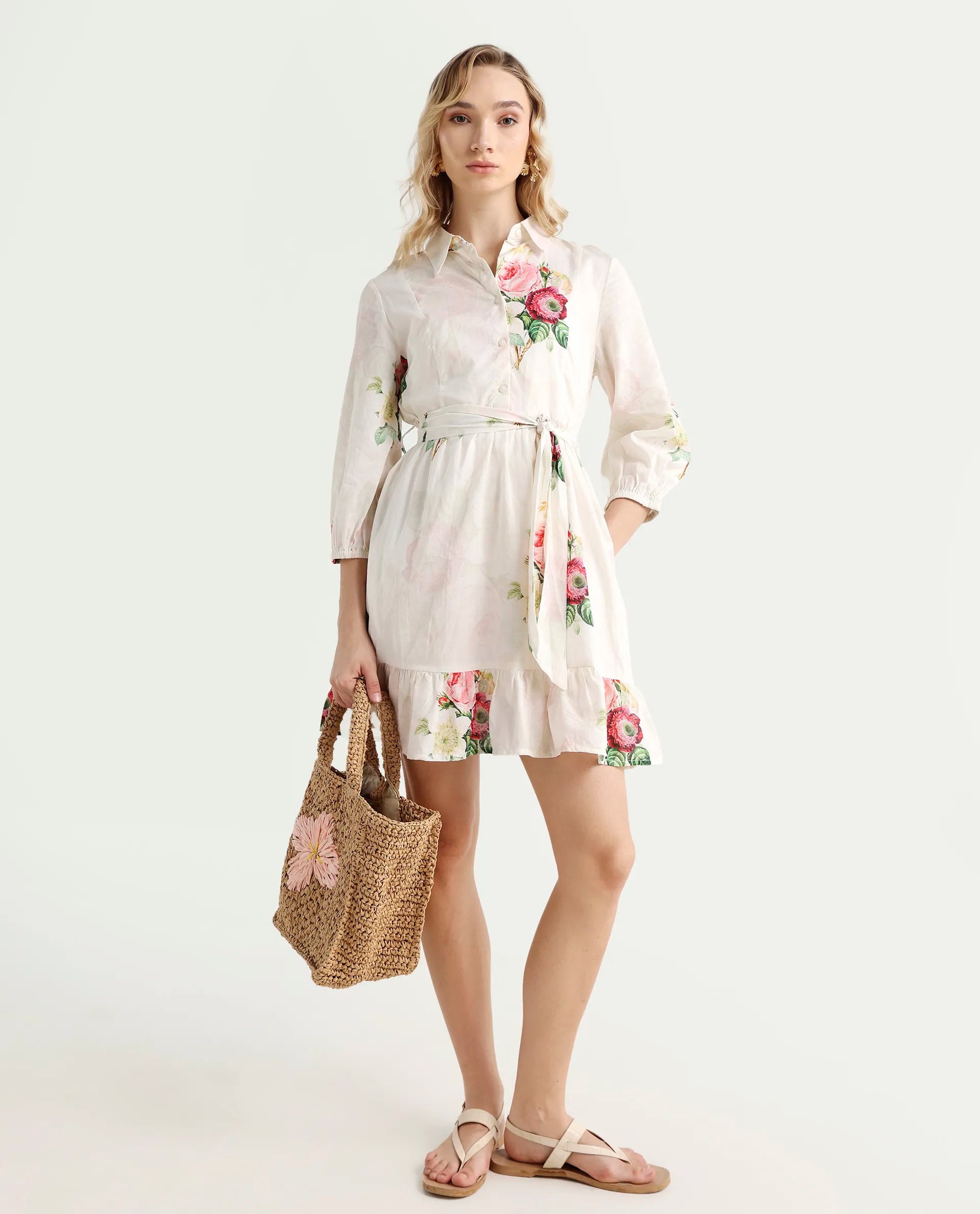 Rareism Women's Blecki Off White Cotton Drop Collar Floral Print Cuffed Sleeve Mini Fit And Flare Dress