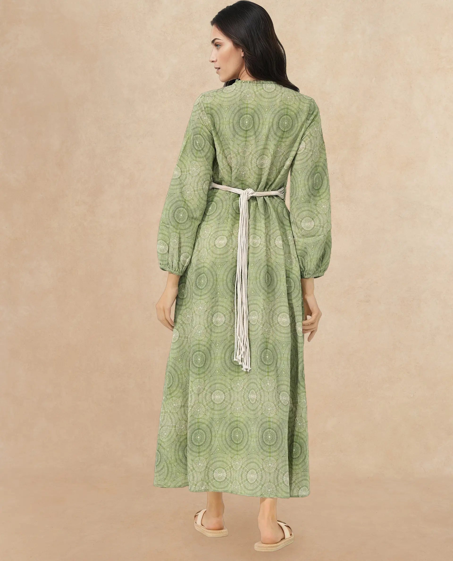 Rareism Women's Bledel Pastel Green Nylon Blend Ruffled Neck Abstract Print Bishop Sleeve Maxi Flared Dress