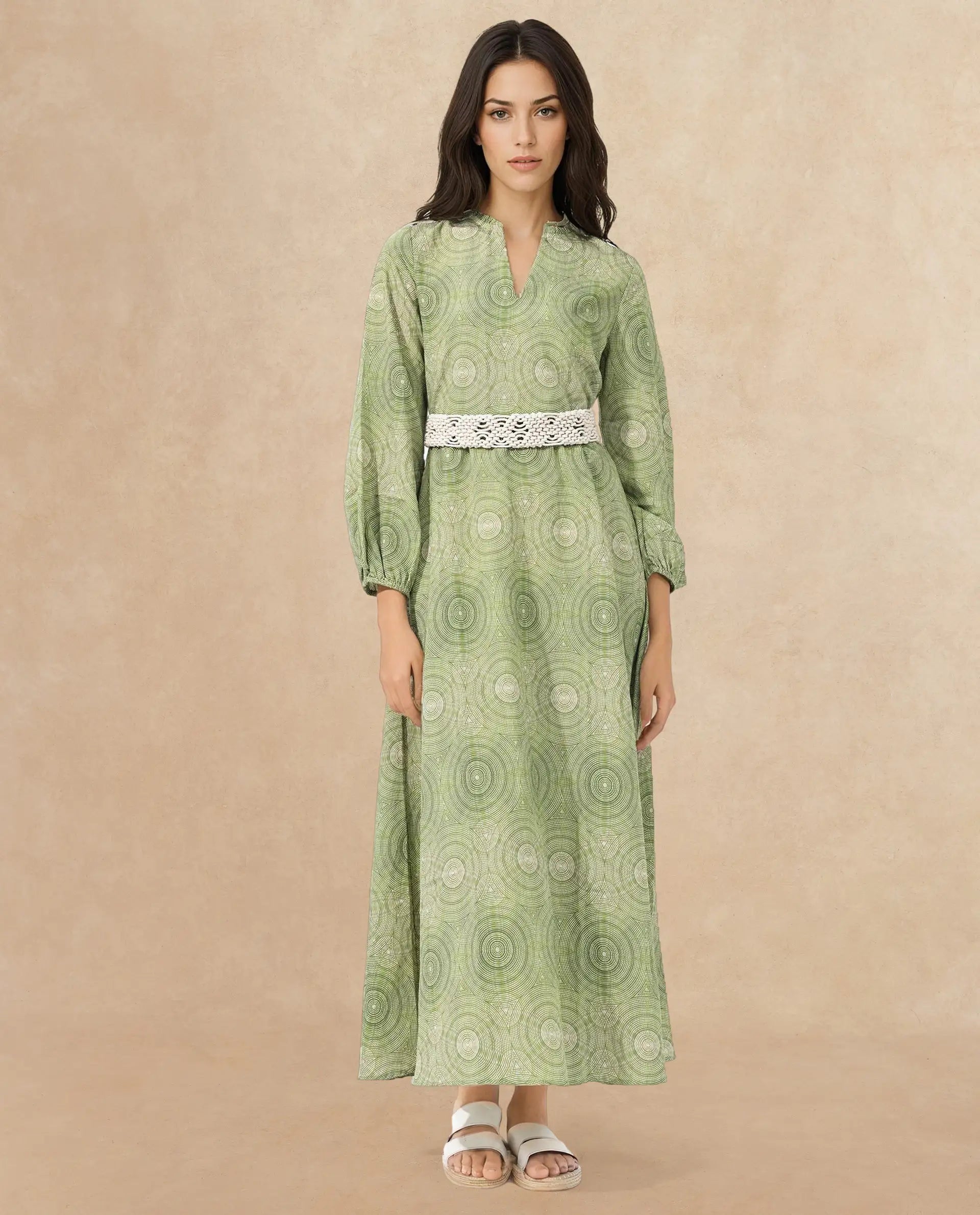 Rareism Women's Bledel Pastel Green Nylon Blend Ruffled Neck Abstract Print Bishop Sleeve Maxi Flared Dress