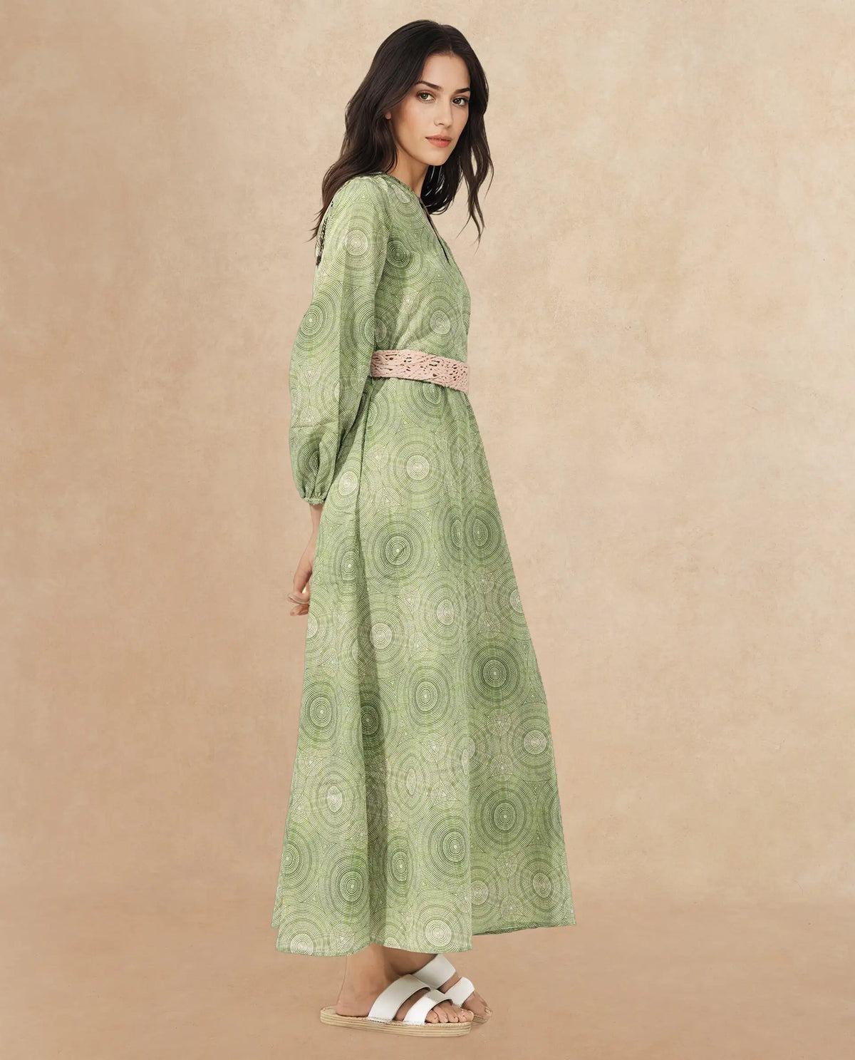 Rareism Women's Bledel Pastel Green Nylon Blend Ruffled Neck Abstract Print Bishop Sleeve Maxi Flared Dress