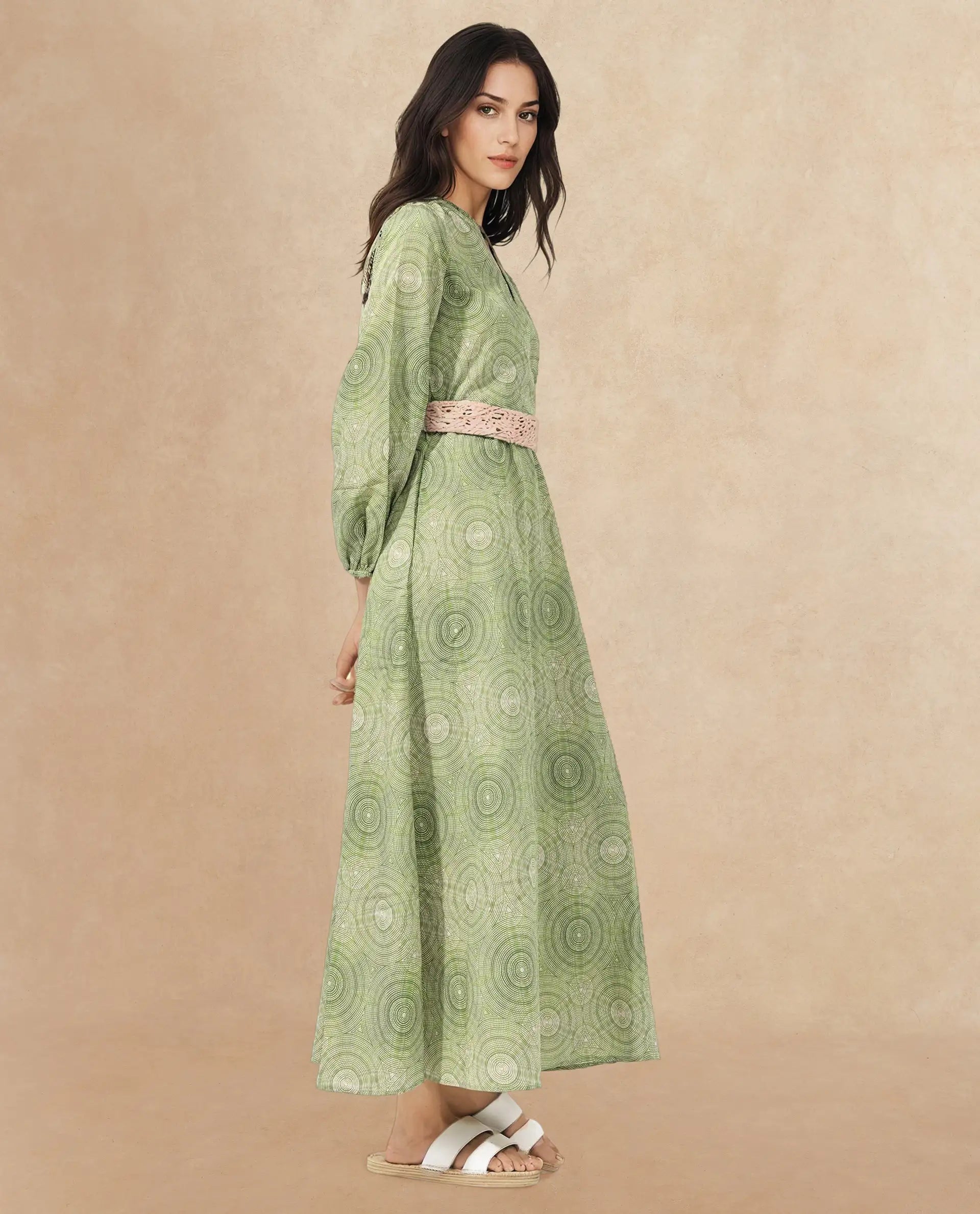 Rareism Women's Bledel Pastel Green Nylon Blend Ruffled Neck Abstract Print Bishop Sleeve Maxi Flared Dress