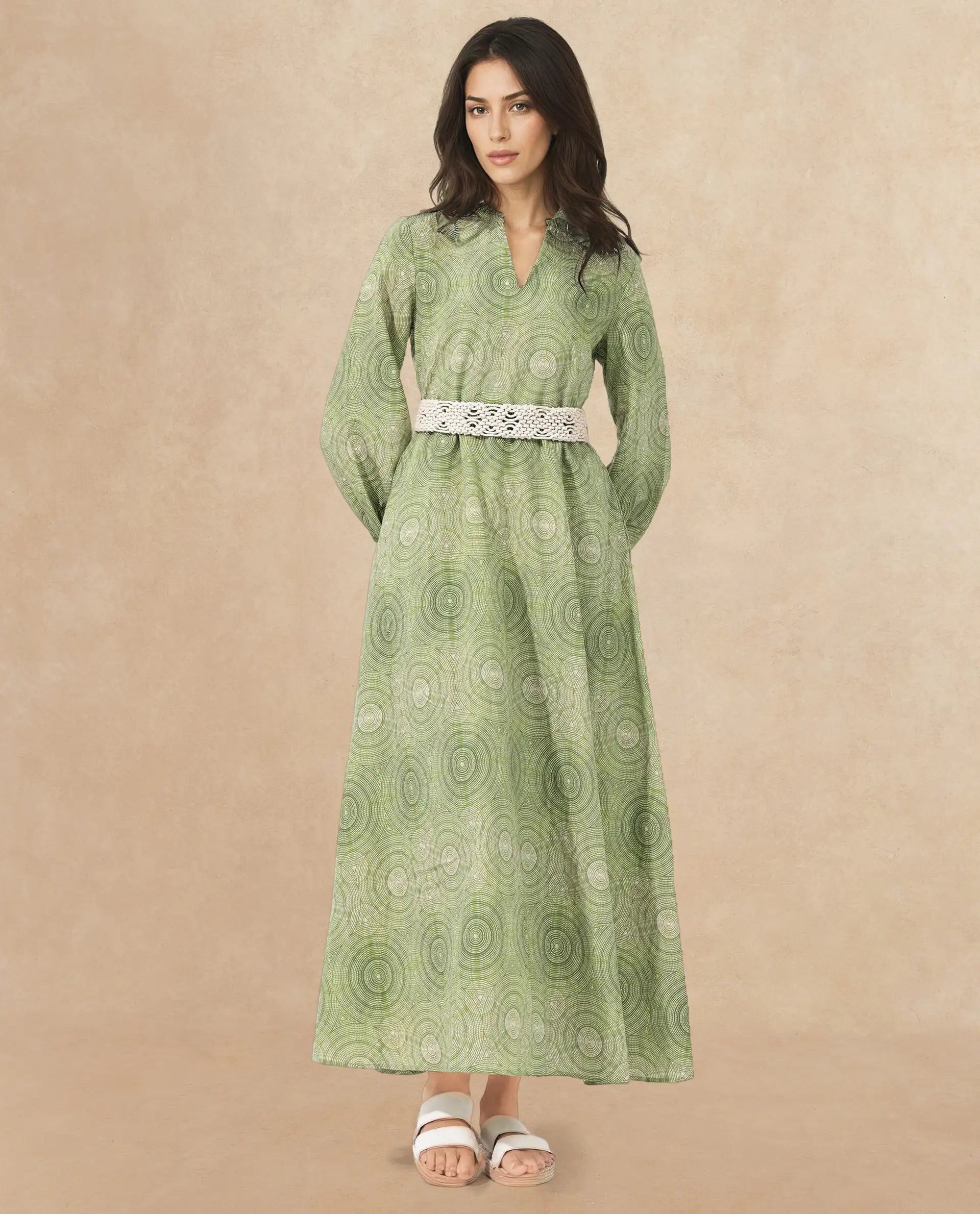 Rareism Women's Bledel Pastel Green Nylon Blend Ruffled Neck Abstract Print Bishop Sleeve Maxi Flared Dress