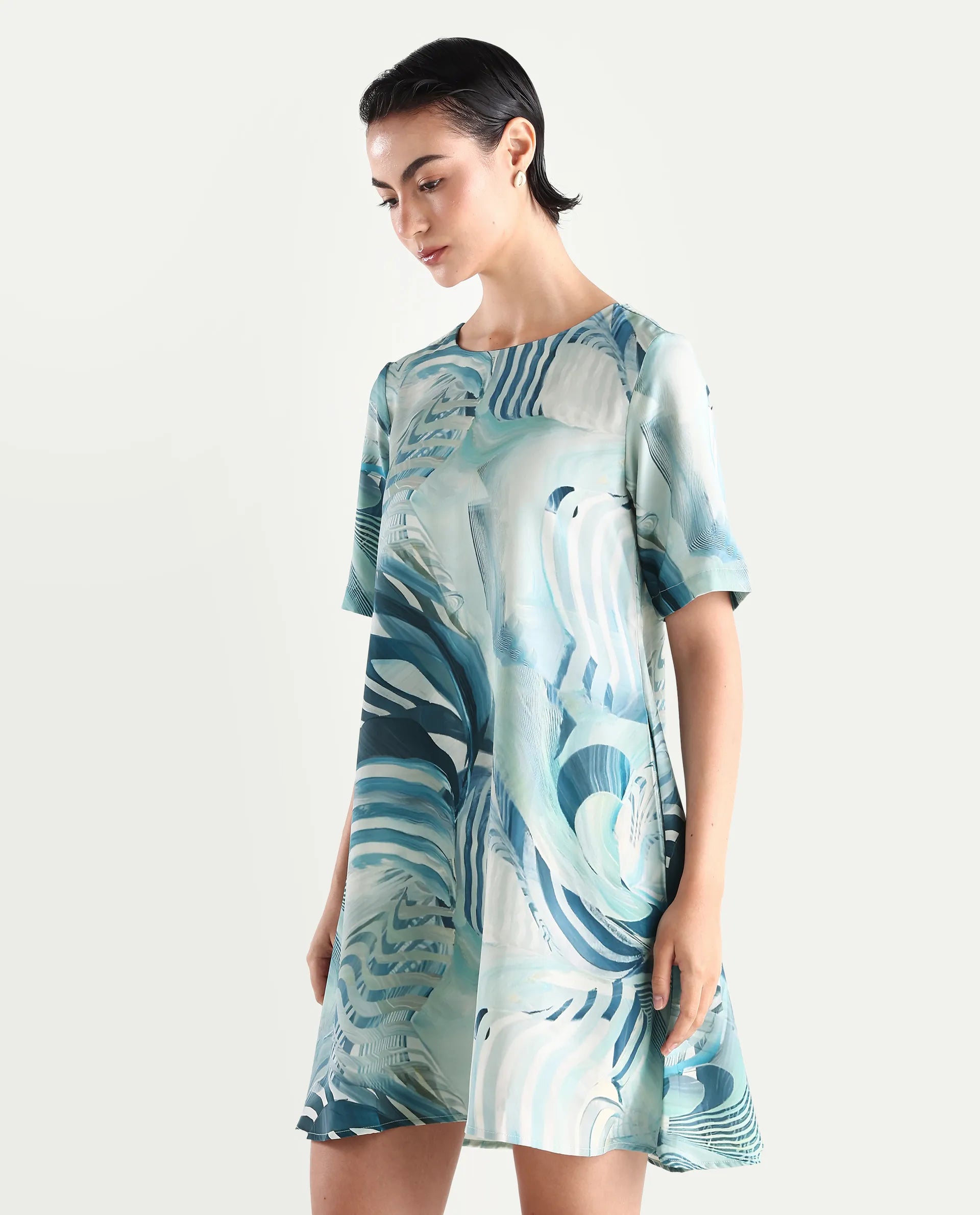 Rareism Women's Boberni Multi Polyester Blend Crew Neck Abstract Print Mini A-Line Dress