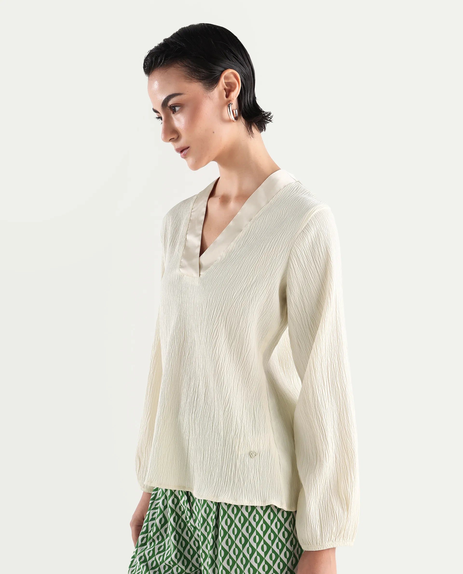 Rareism Women's Boco Beige Polyester V-Neck Plain Balloon Sleeve Regular Fit Top