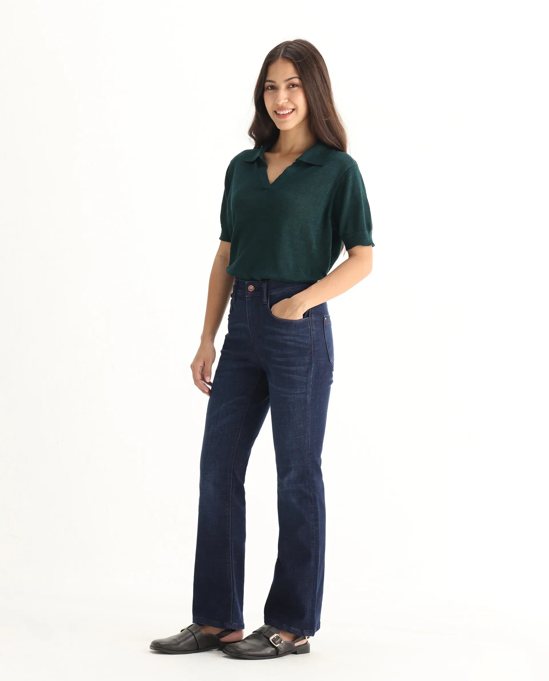 Rareism Women's Booter Blue Cotton Blend Plain Ankle Length CLASSIC BOOTCUT Jeans