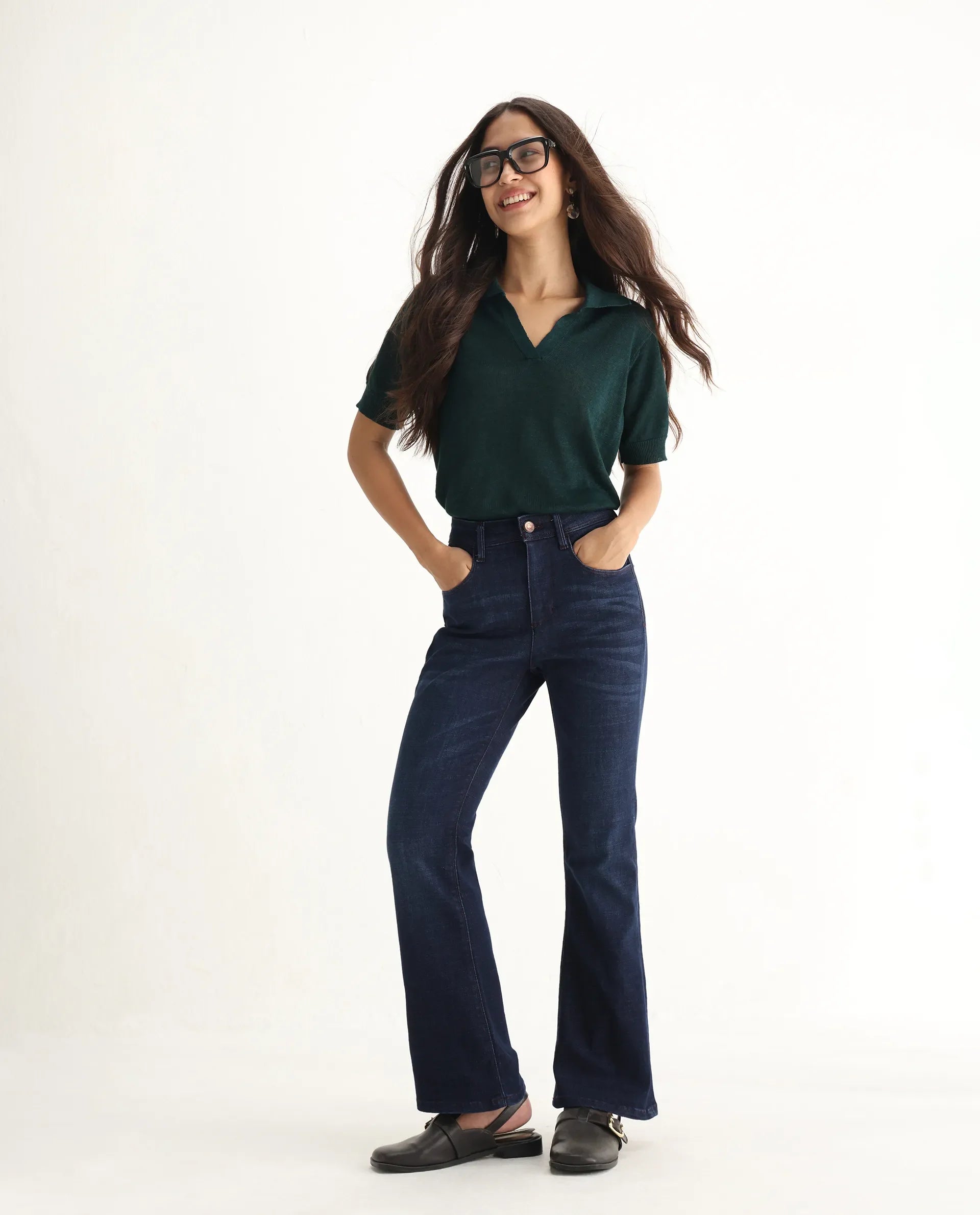 Rareism Women's Booter Blue Cotton Blend Plain Ankle Length CLASSIC BOOTCUT Jeans