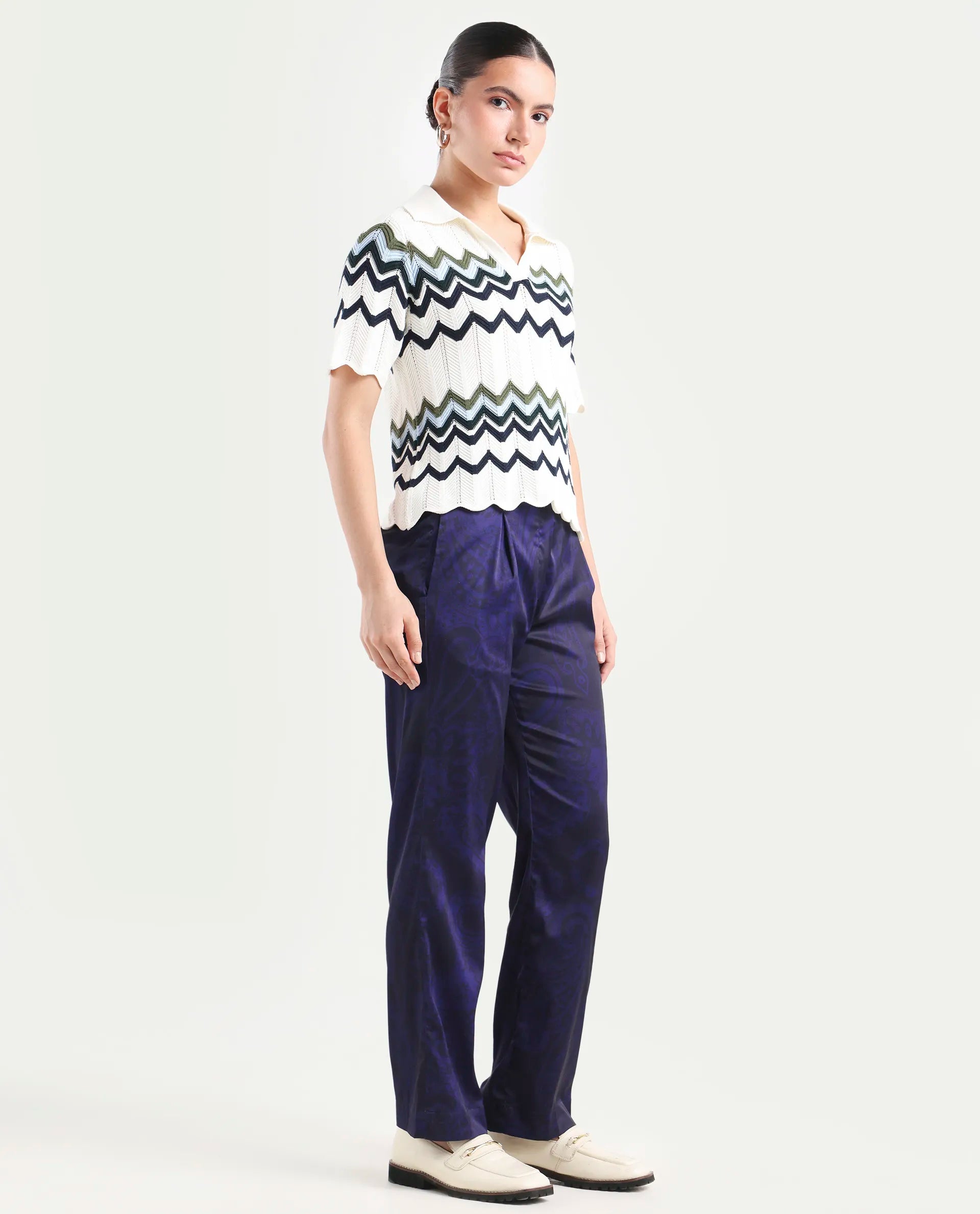 Rareism Women's Braun Navy Polyester Abstract Print Ankle Length Tailored Trouser