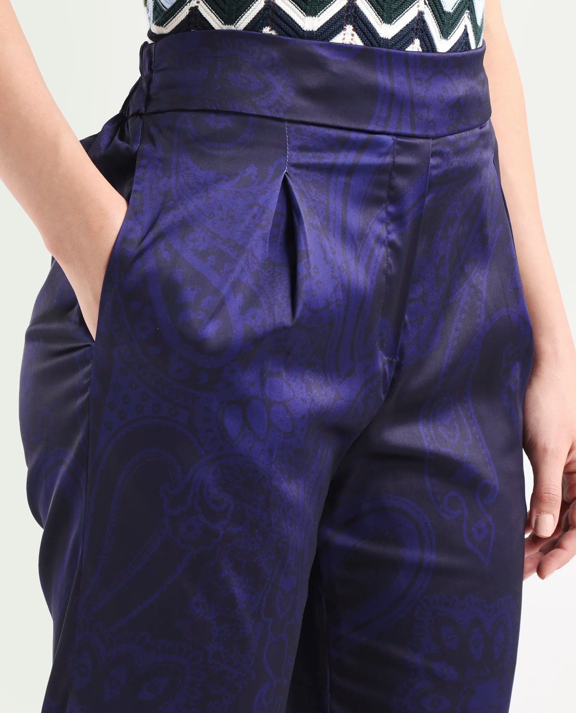 Rareism Women's Braun Navy Polyester Abstract Print Ankle Length Tailored Trouser