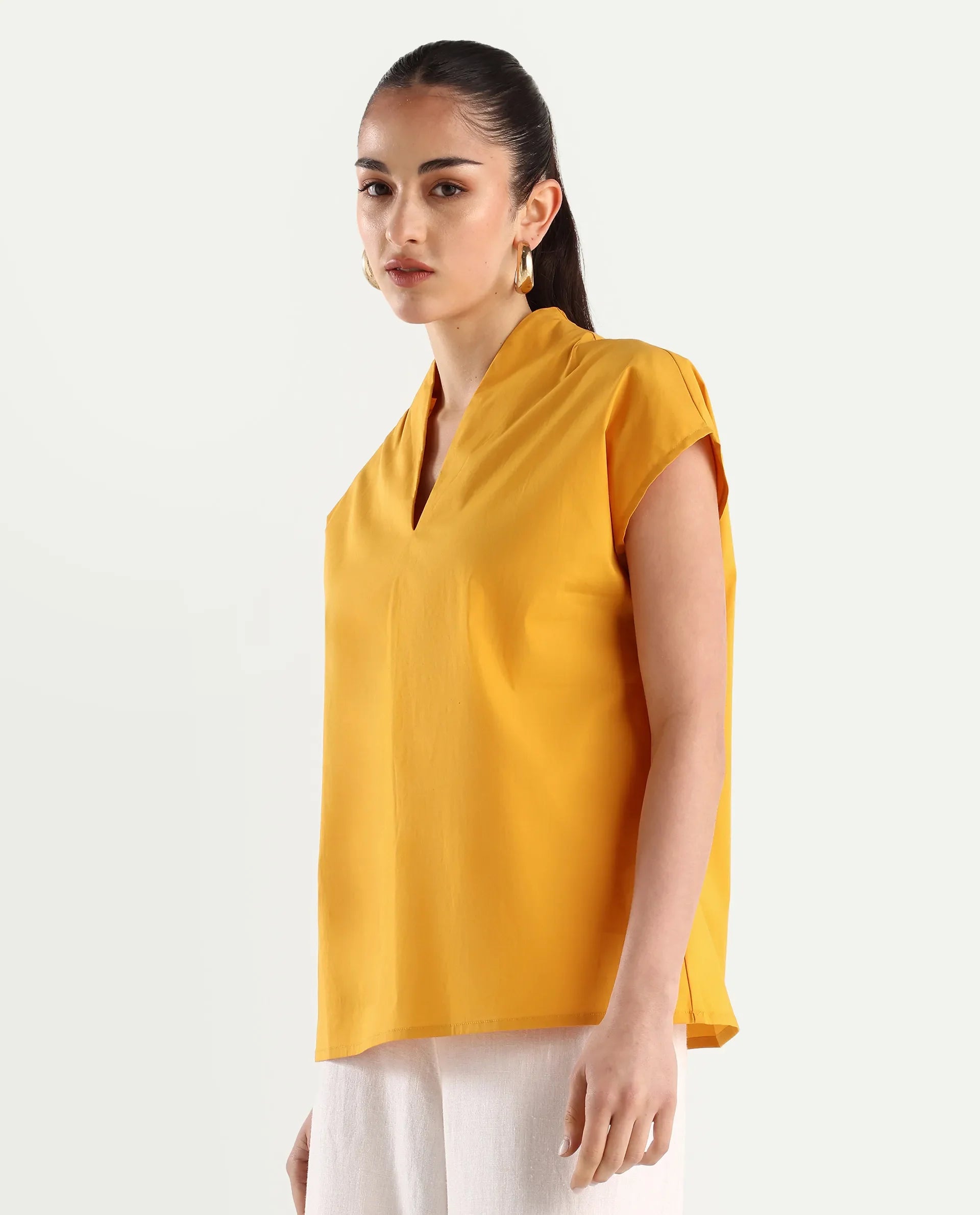 Rareism Women's Buijit Yellow Polyester Blend V-Neck Plain Extended Sleeves Regular Fit Top