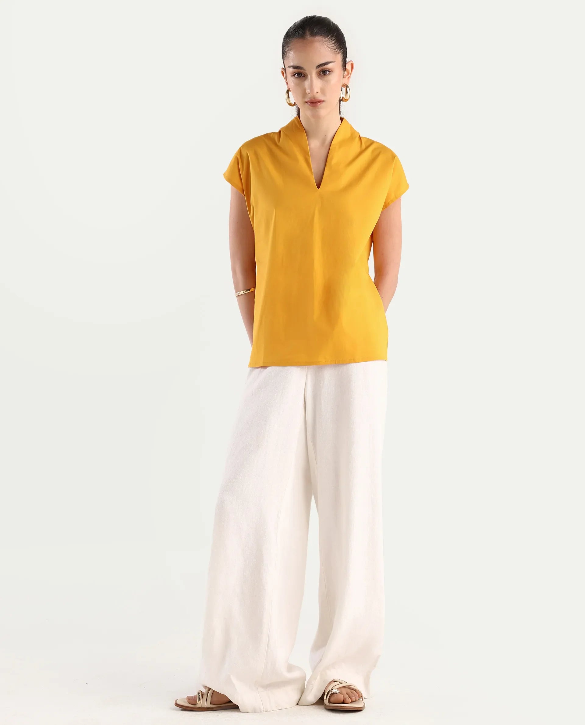 Rareism Women's Buijit Yellow Polyester Blend V-Neck Plain Extended Sleeves Regular Fit Top