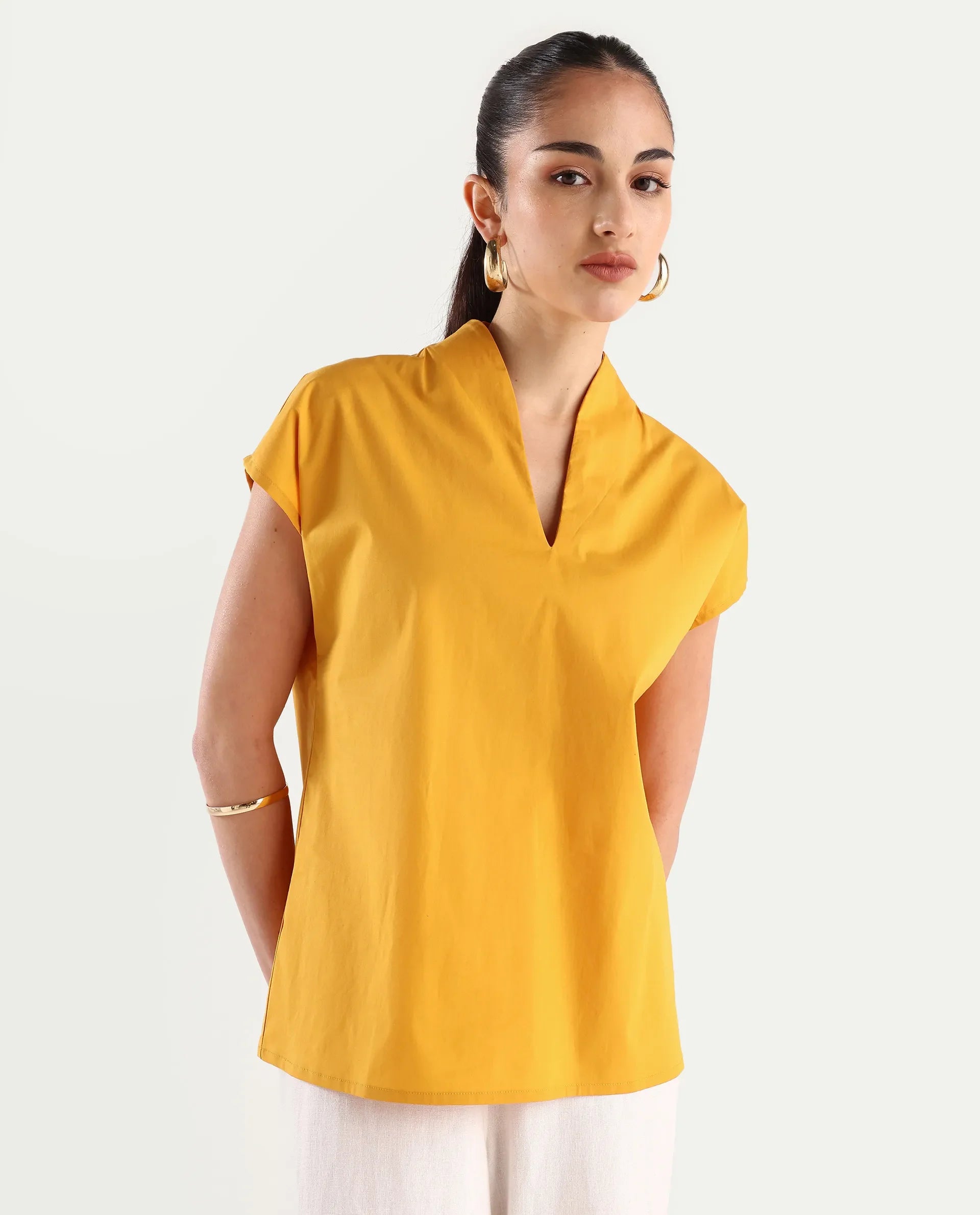 Rareism Women's Buijit Yellow Polyester Blend V-Neck Plain Extended Sleeves Regular Fit Top