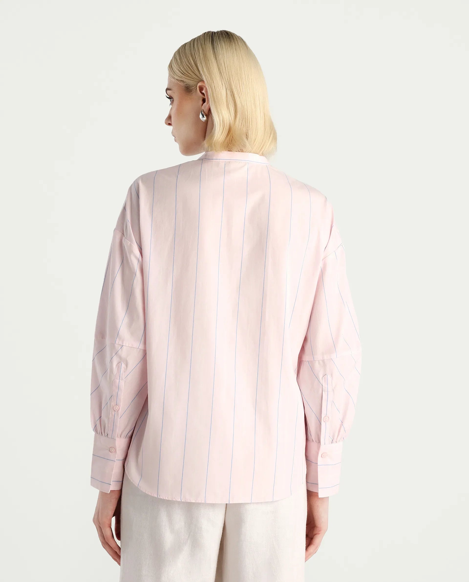 Rareism Women's Buvo Pastel Pink Cotton Volume Sleeve Mandarin Collar Boxy Fit Shirt