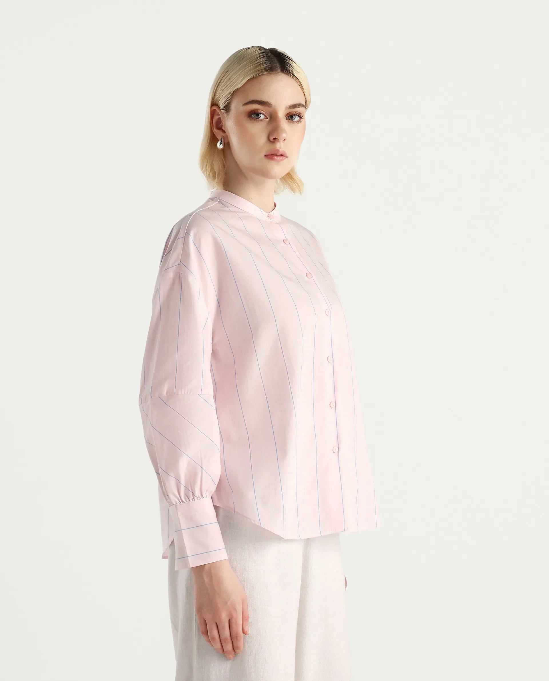 Rareism Women's Buvo Pastel Pink Cotton Volume Sleeve Mandarin Collar Boxy Fit Shirt