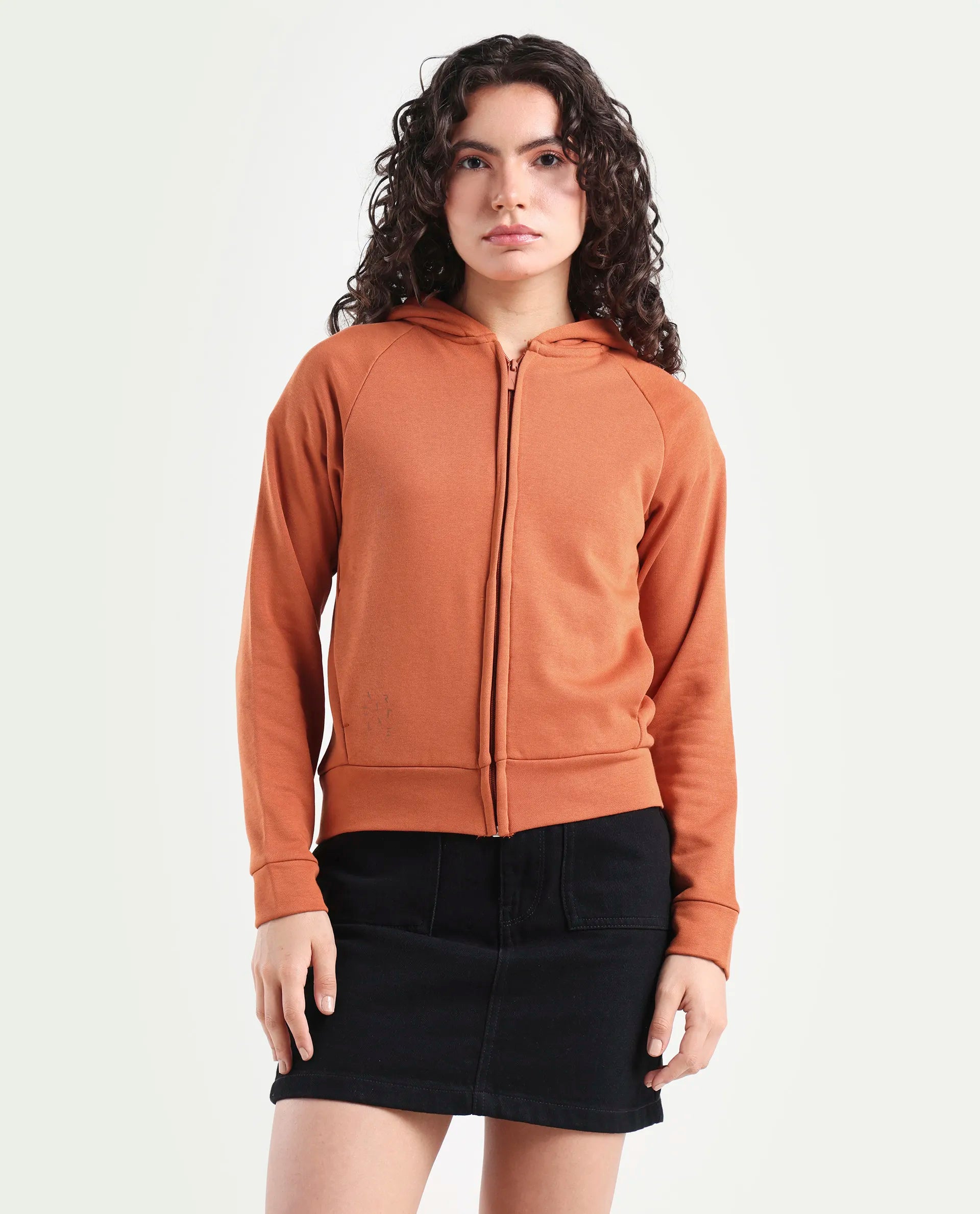 Rareism Women's Medium Weight Terry 290 Gsm Cotton Blend Hooded Plain Regular Fit Jacket