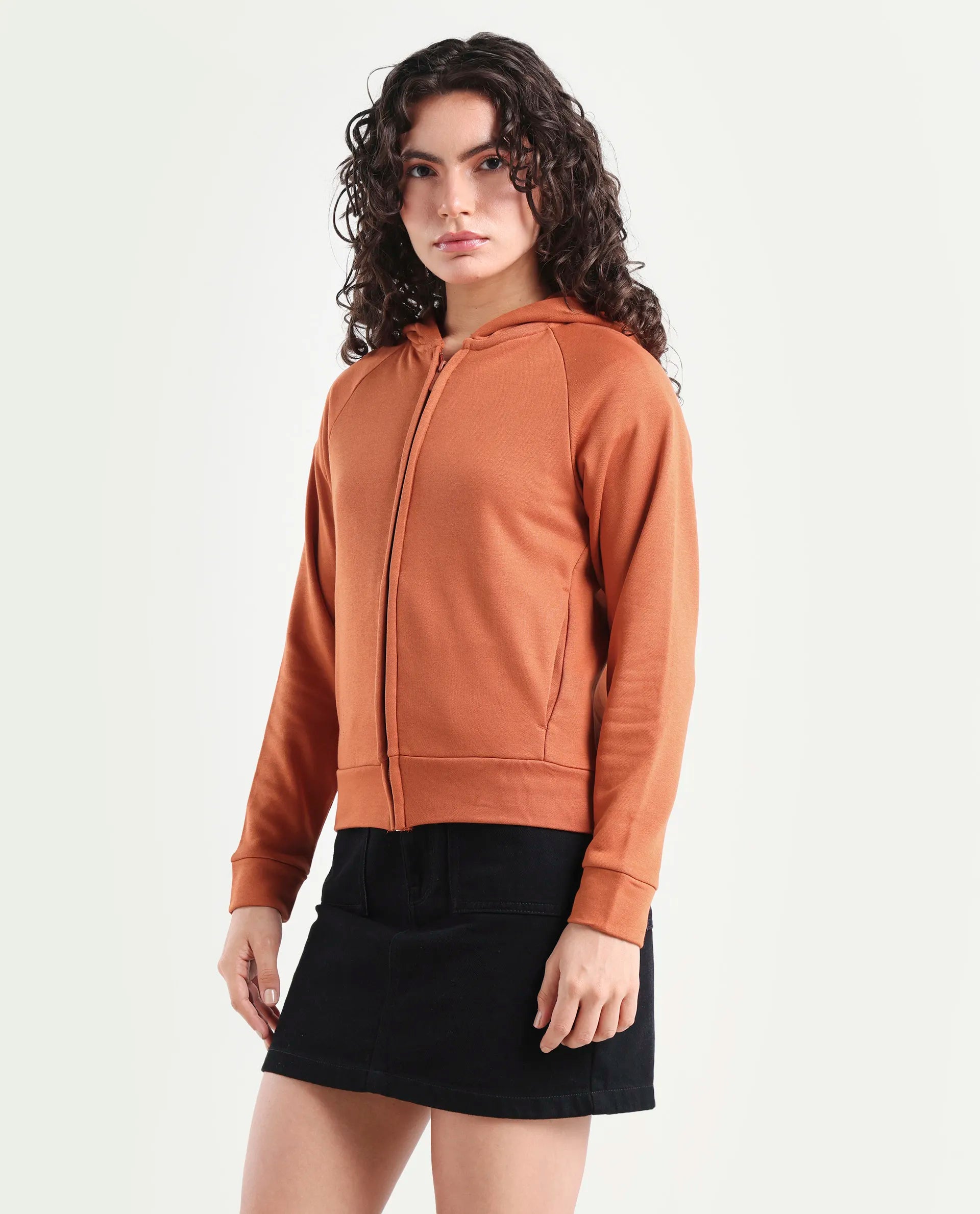 Rareism Women's Medium Weight Terry 290 Gsm Cotton Blend Hooded Plain Regular Fit Jacket