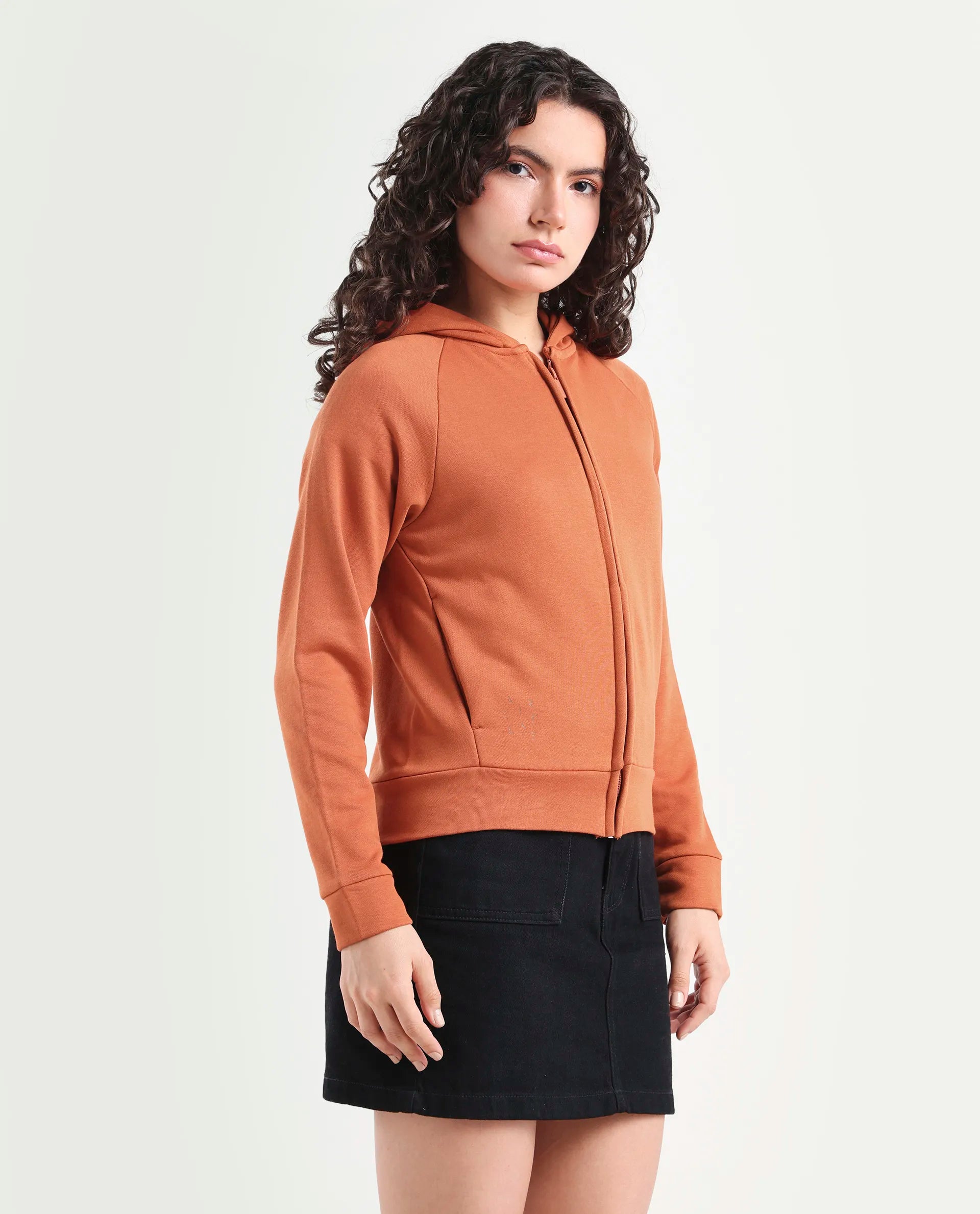 Rareism Women's Medium Weight Terry 290 Gsm Cotton Blend Hooded Plain Regular Fit Jacket