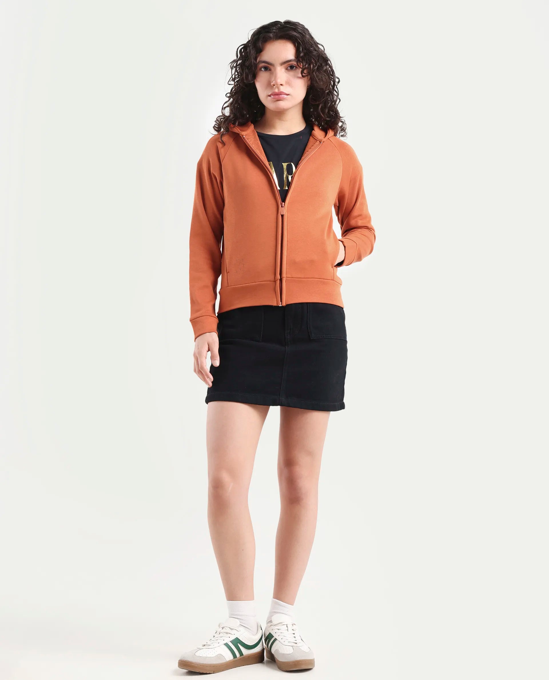 Rareism Women's Medium Weight Terry 290 Gsm Cotton Blend Hooded Plain Regular Fit Jacket