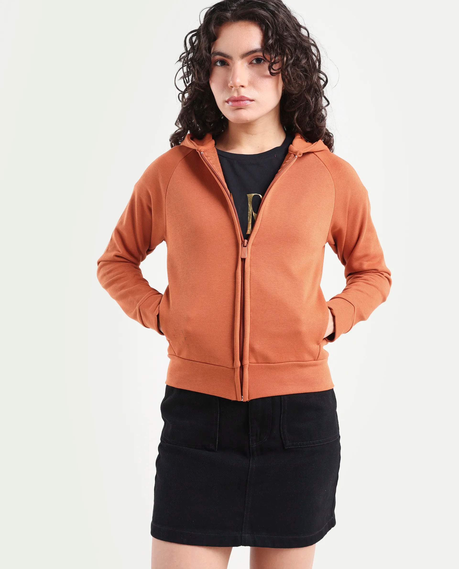 Rareism Women's Medium Weight Terry 290 Gsm Cotton Blend Hooded Plain Regular Fit Jacket