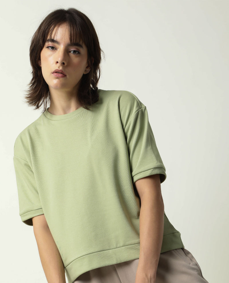 Rareism Women Coco Light Green Cotton Fabric Half Sleeves Relaxed Fit Solid Round Neck Sweat Tee